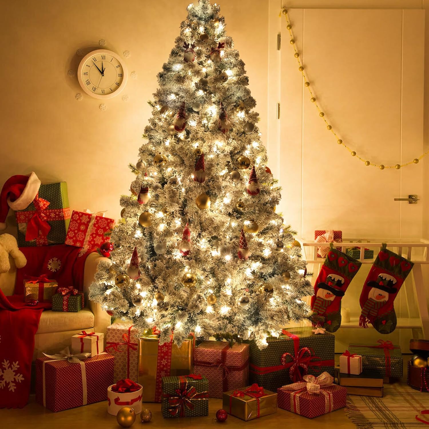 Árbol de Navidad preiluminado de 6 pies, árboles de Navidad artificiales con 250 luces multicolor y blancas cálidas, árbol de pino de Navidad para