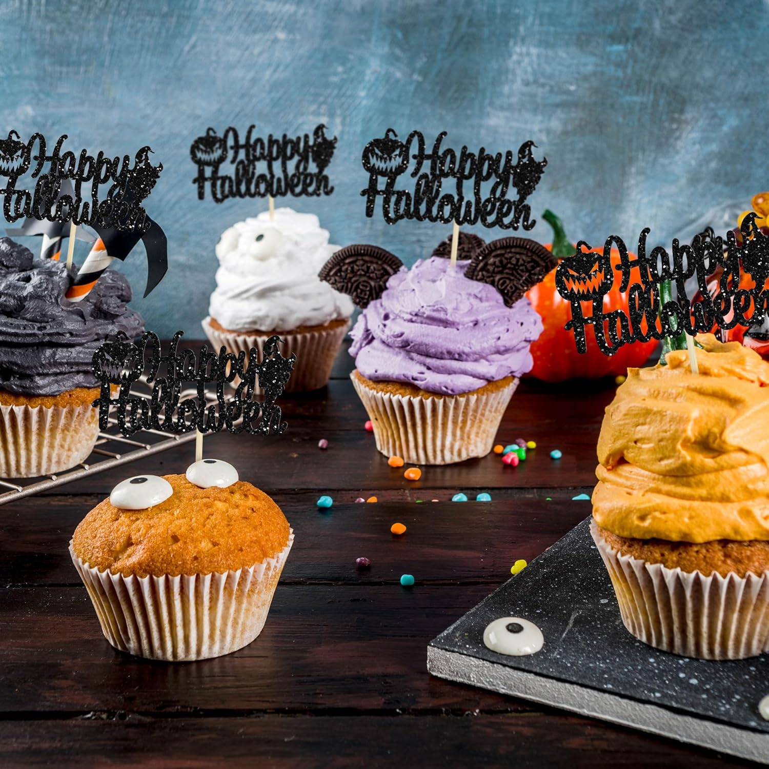 Gyufise 24 adornos para cupcakes de Halloween con calabaza, fantasma, purpurina negra, decoraciones para cupcakes para niños, decoración de fiesta