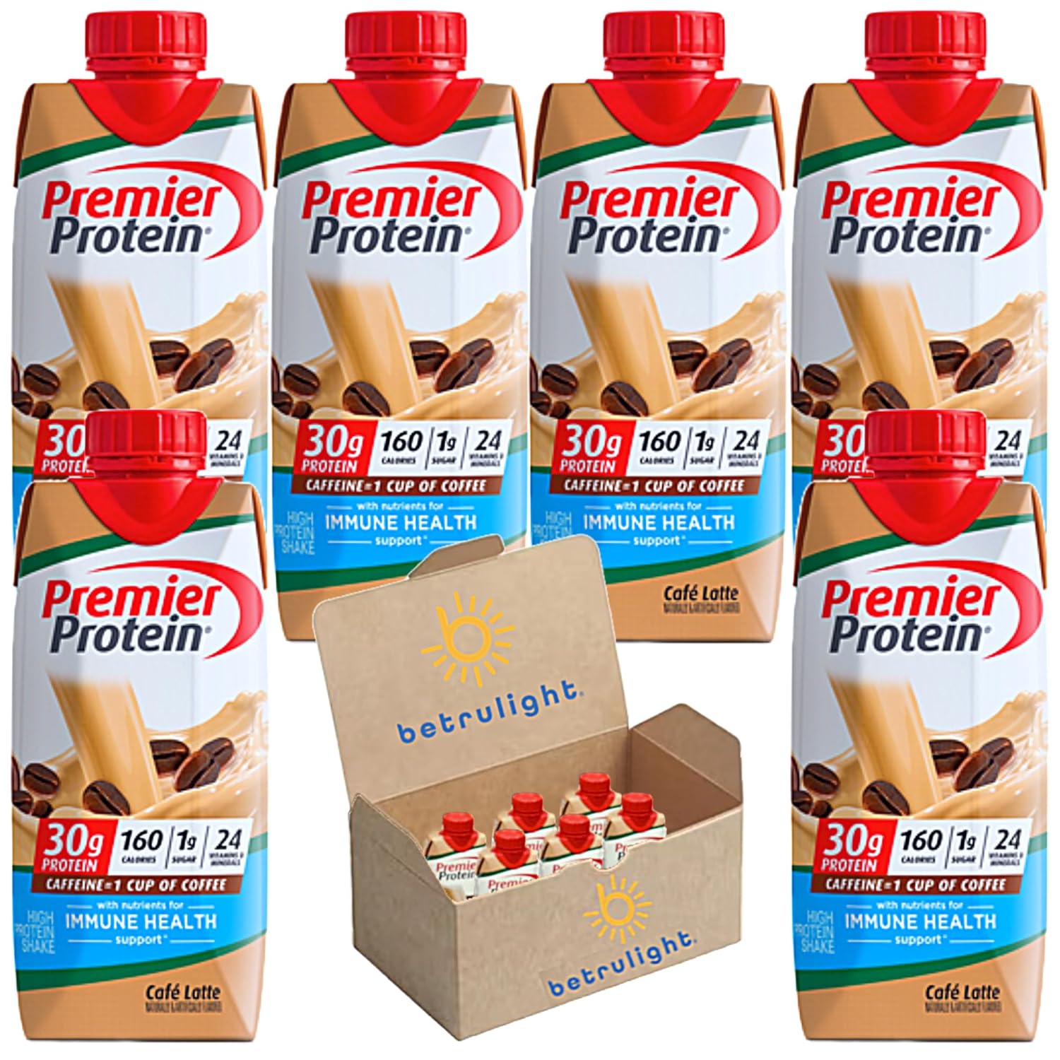 Protein Shakes  Paquete múltiple Premier de sabor Café Latte  1.06 oz de proteína, 0.04 oz de azúcar, 24 vitaminas y minerales, nutrientes para