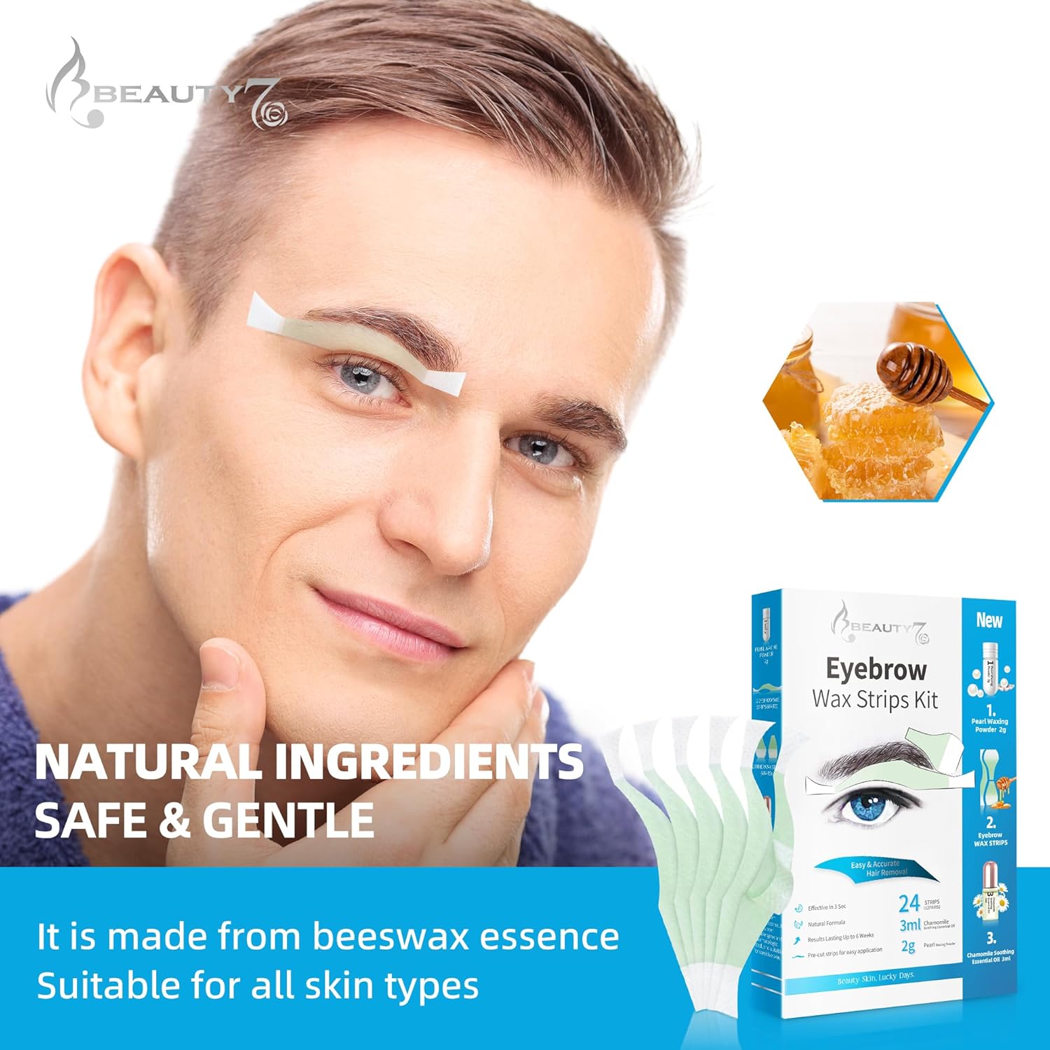 Beauty7 Tiras de cera de cejas para hombre, tiras de cera facial, tiras de depilación en casa, 24 piezas con aceite esencial de polvo de perlas para