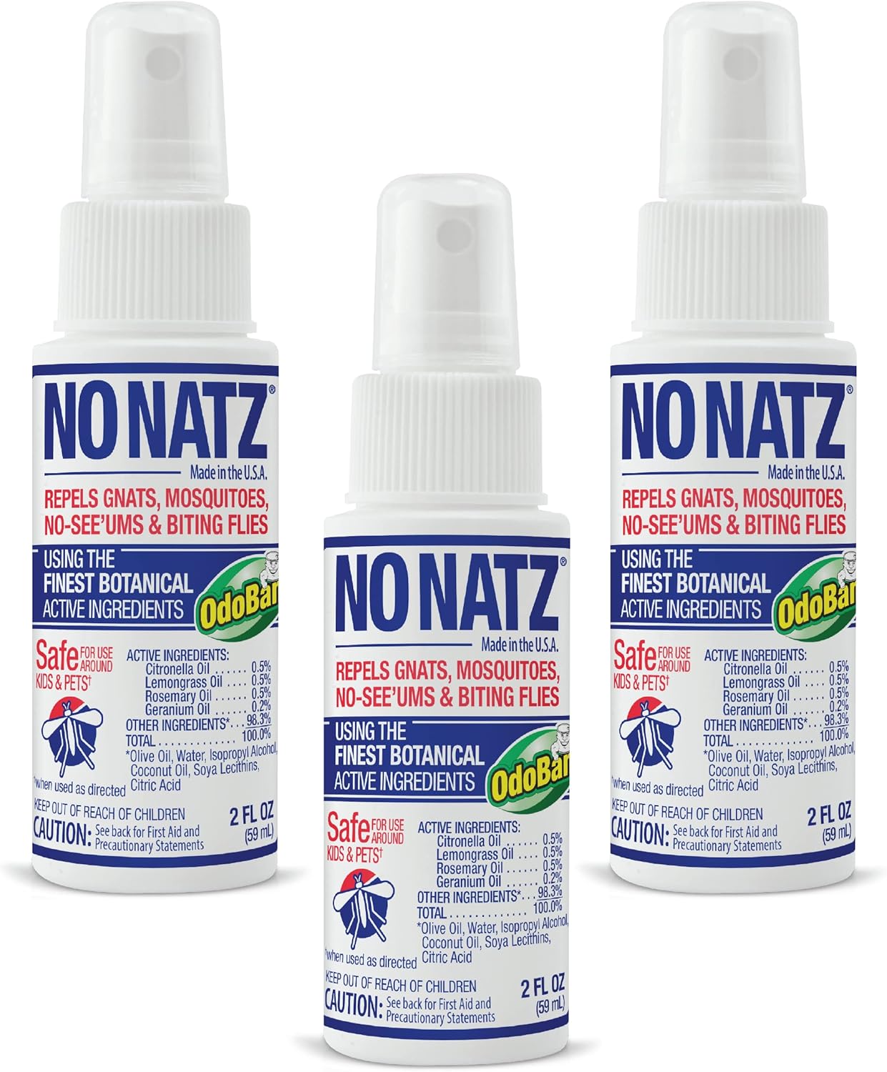 No Natz Repelentes botánicos de insectos y sin mosquitos, hechos a mano y sin DEET, fórmula no grasosa, botellas de spray de 2 onzas, paquete de 3