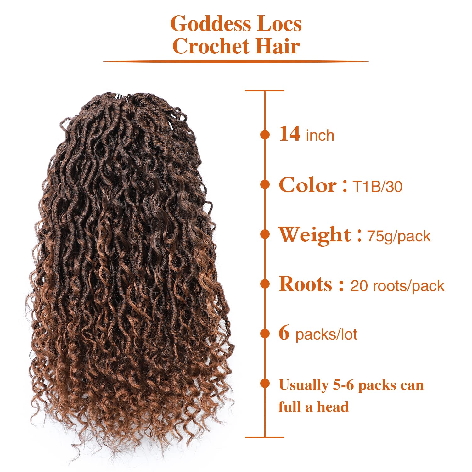 Cabello de ganchillo Goddess Locs de 14 pulgadas, 6 paquetes de cabello sintético de ganchillo con extremos rizados, cabello de ganchillo para