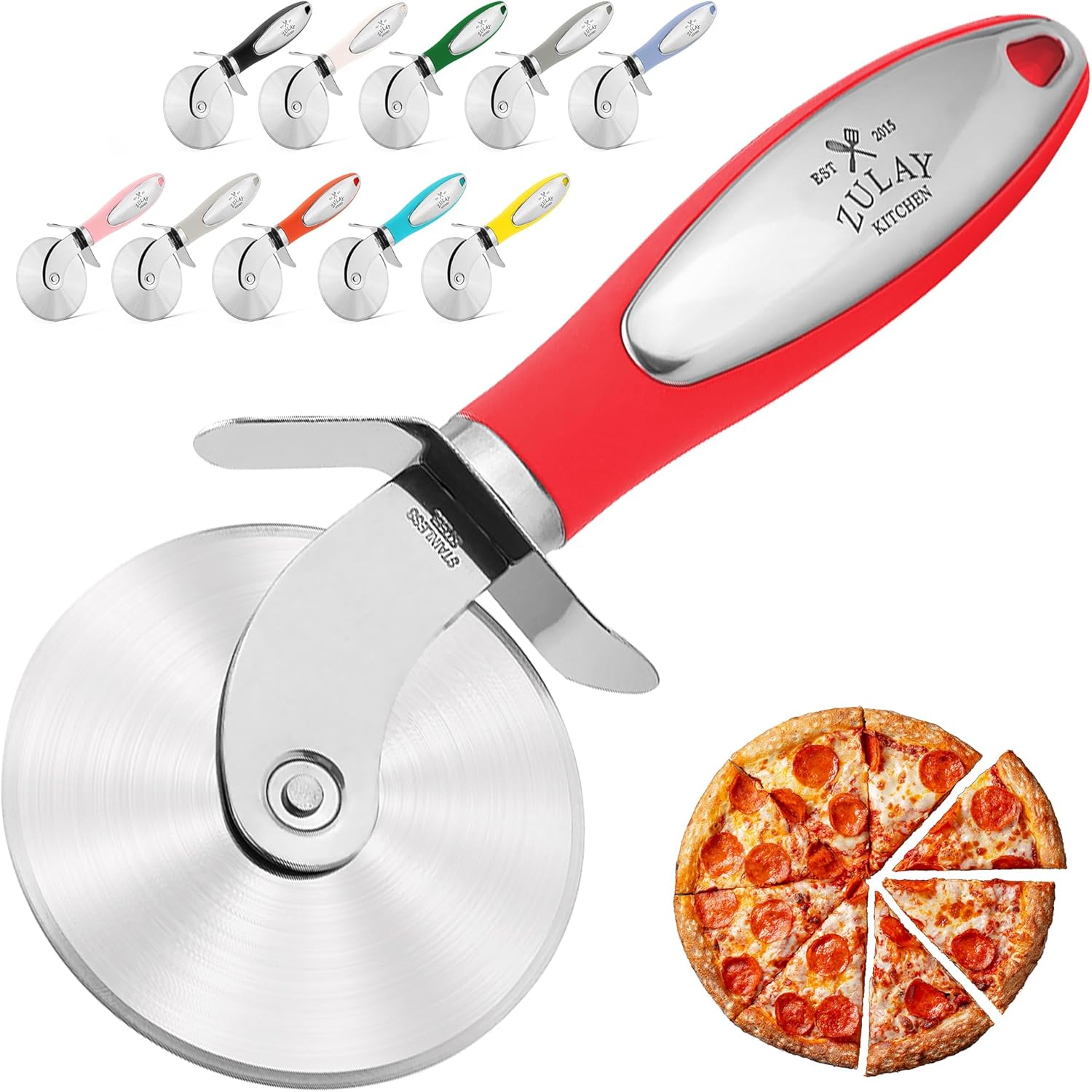 Zulay Kitchen Rueda grande para cortar pizza, cortador de pizza de acero inoxidable de alta calidad, rueda de pizza fácil de limpiar y cortar, mango