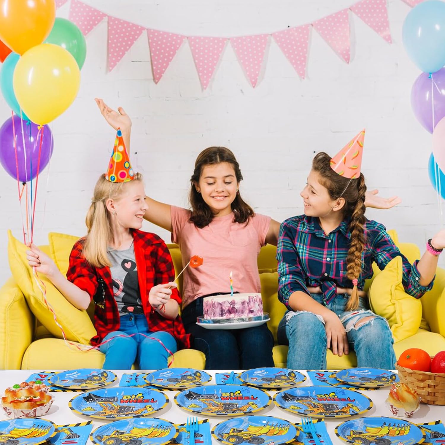SCIONE 96 piezas de suministros de fiesta de construcción, platos de camión volquete, decoraciones de fiesta de cumpleaños para niños, juego de