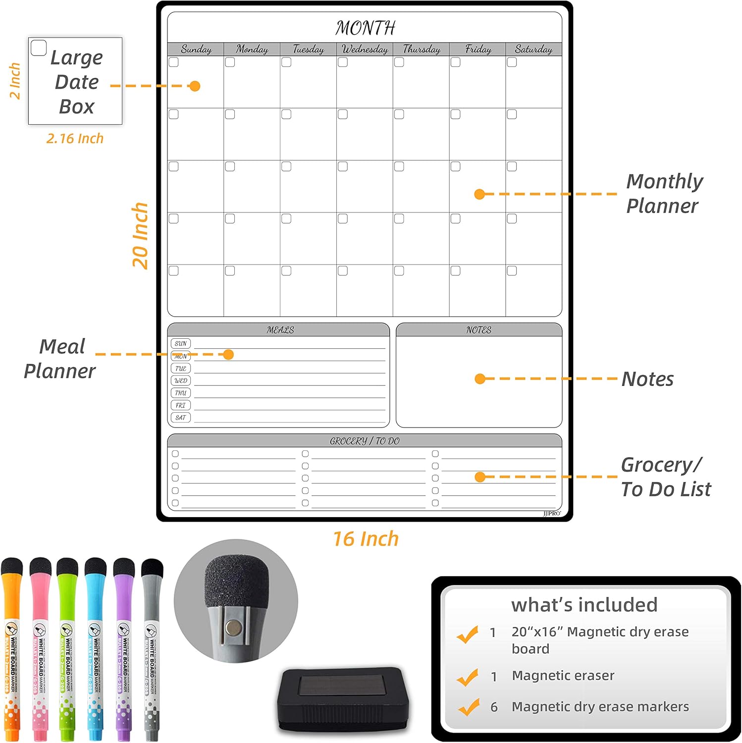 JJPRO Calendario mensual magnético grande de borrado en seco para nevera, 16 x 20 pulgadas, calendario mensual, planificador de comidas y