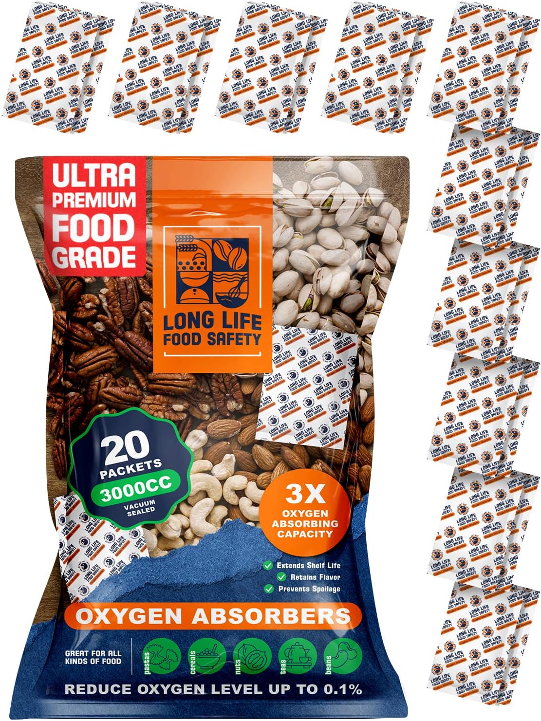 Absorbentes de oxígeno de 3000 cc y 500 cc para almacenamiento de alimentos  3 veces la capacidad de absorción de oxígeno  Extiende la vida útil y