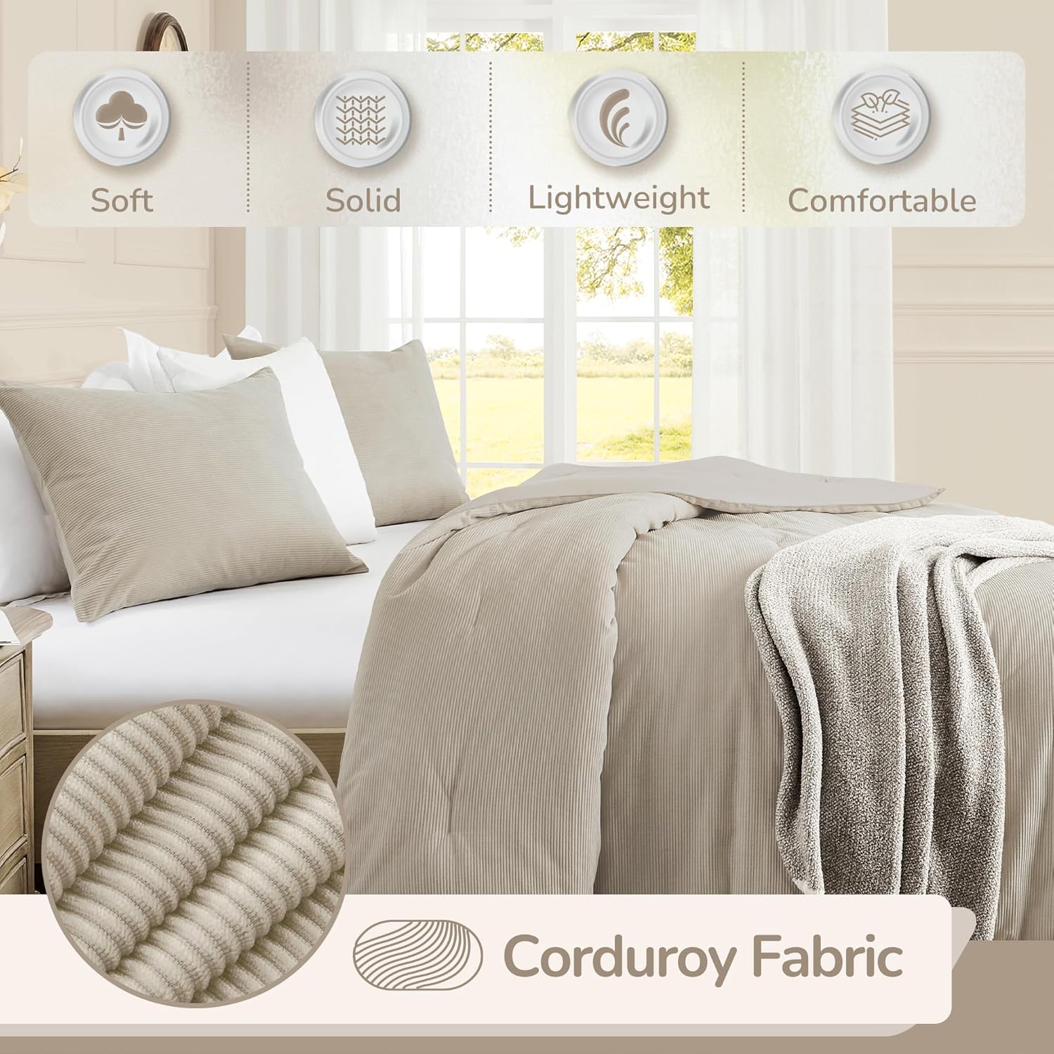downluxe Juego de edredón de pana tamaño individual color beige, 2 piezas de edredón de pana de poliéster ultrasuave para niños, juego de edredón