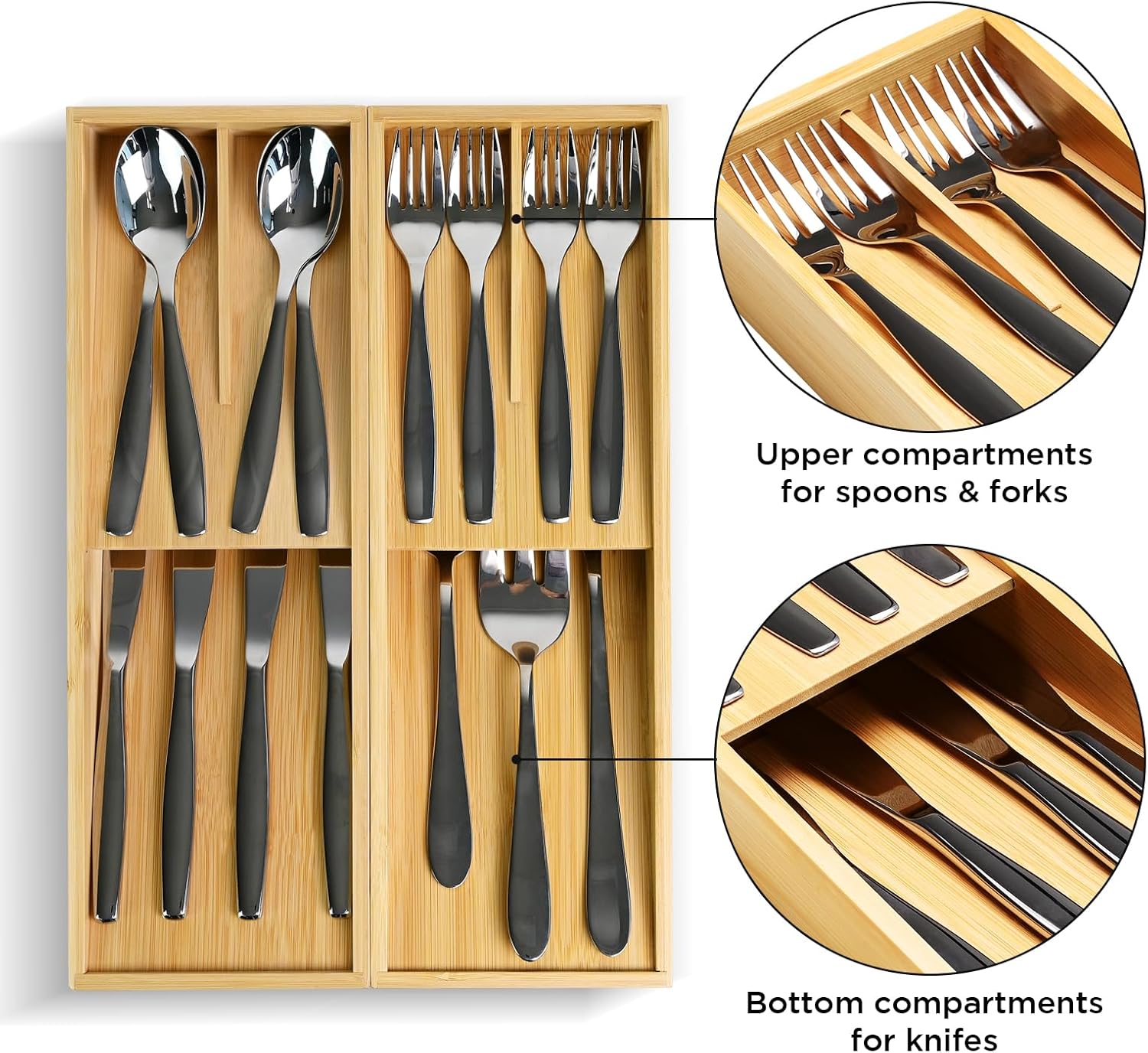 Ollieroo Organizador de cajones de cubiertos de bambú, organizador de cajones de cocina compacto para cubiertos, soporte de utensilios para