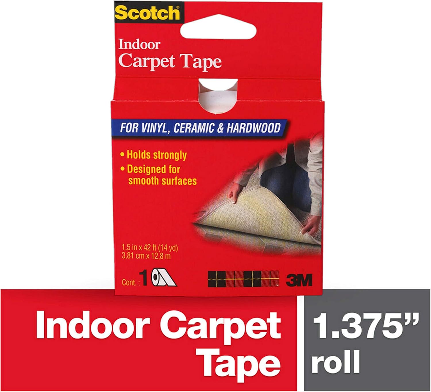 Scotch Cinta de alfombra interior para vinilo, cerámica y madera dura, 1.5 pulgadas por 14 yardas, CT2010, 1 rollo