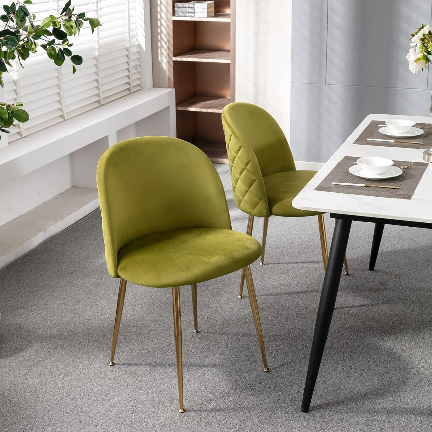 ZHENGHAO Juego de 2 sillas de comedor de terciopelo, sillas de comedor modernas, sillas laterales sin brazos con patas doradas, sillas de cocina
