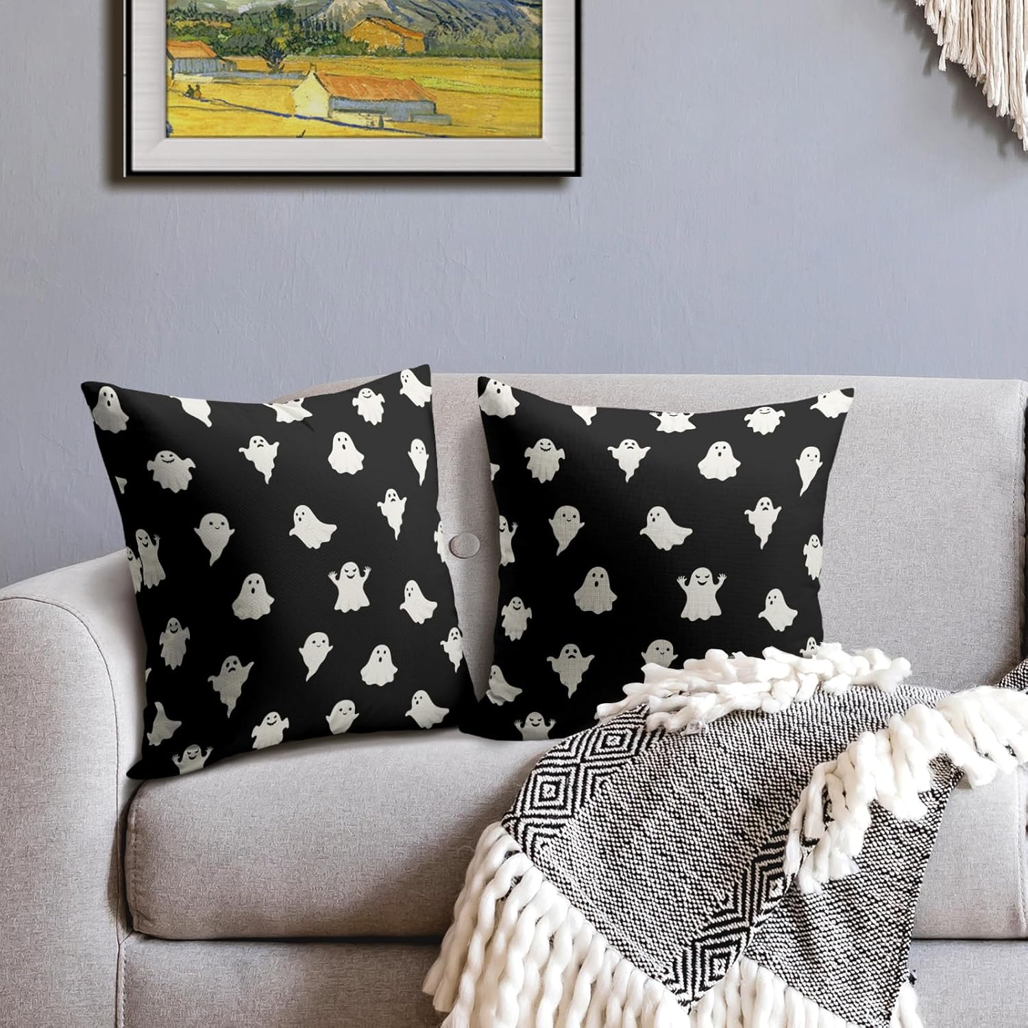 Juego de 2 fundas de almohada de fantasma de Halloween de 18 x 18 pulgadas, con temática espeluznante y aterradora para exteriores, decoración de