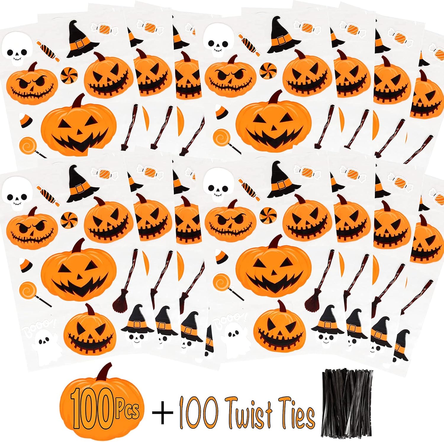 AnapoliZ Bolsas de regalo de Halloween  100 piezas (6 x 9 pulgadas)  Bolsas de celofán transparente de 2.5 mil con divertidos diseños aterradores