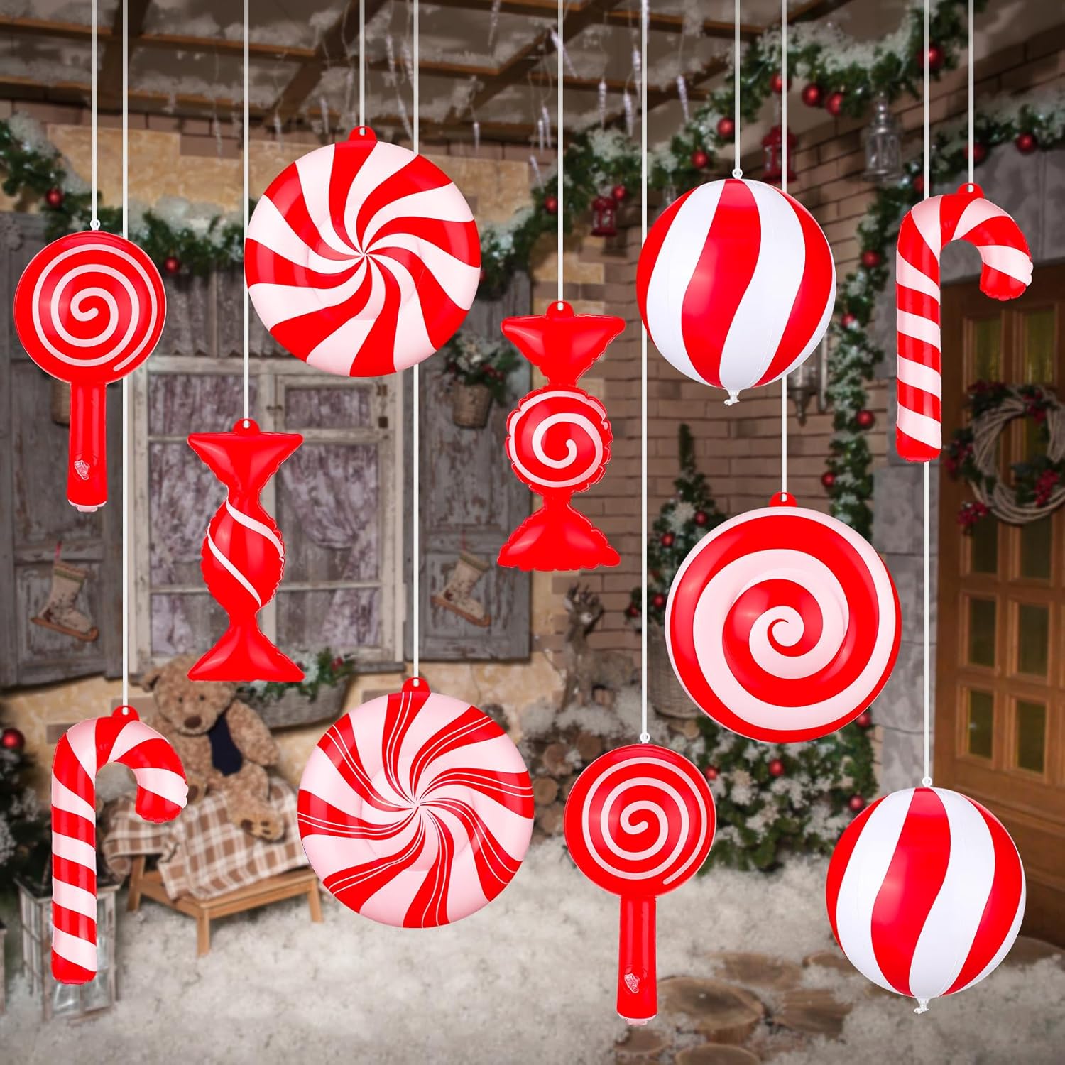 Jetec 16 piezas de dulces inflables de Navidad de 9 pulgadas, decoración colgante de caramelo de bastón de caramelo, remolino, adorno inflable de