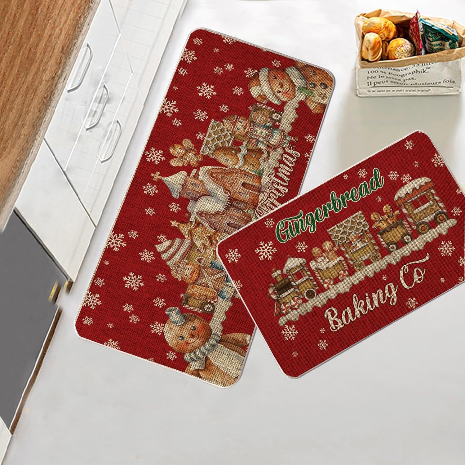 GAGEC Juego de 2 tapetes de cocina de Navidad, diseño de pan de jengibre, color rojo, con texto en inglés “Merry Christmas”, para decoración del