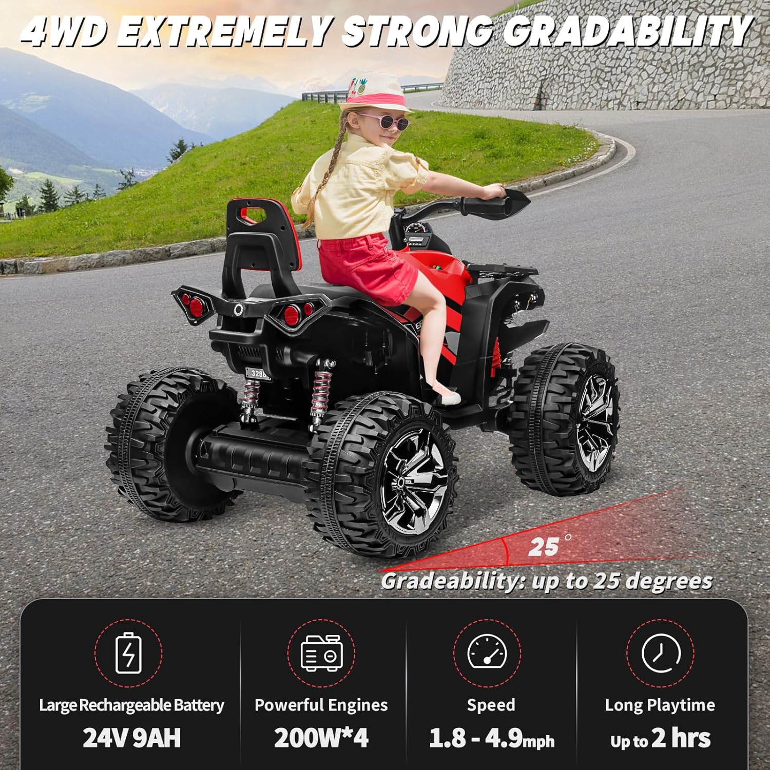 ATV 4 ruedas para niños, juguetes de paseo de 24 V 4WD con 2 plazas, motor potente de 4 x 200 W, funciona con batería de 9 AH, música Bluetooth,
