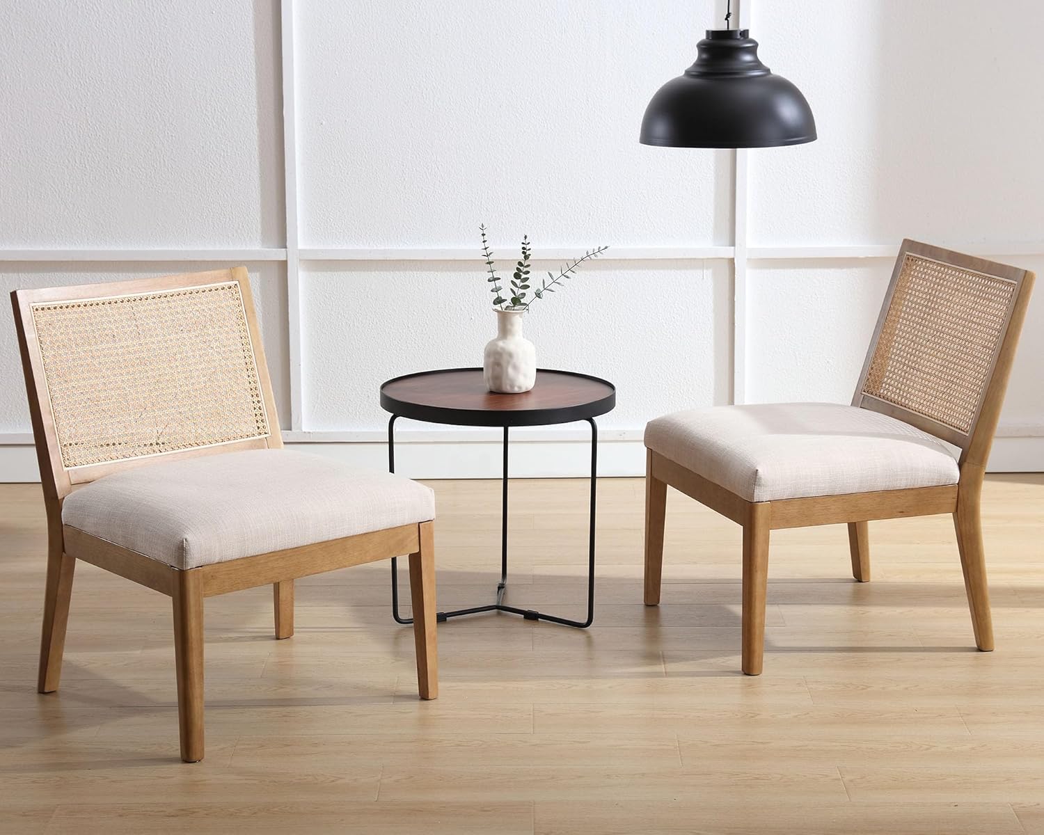 VESCASA Silla decorativa tapizada con respaldo cuadrado de ratán, silla sin brazos con asiento acolchado para sala de estar, lino beige con patas de