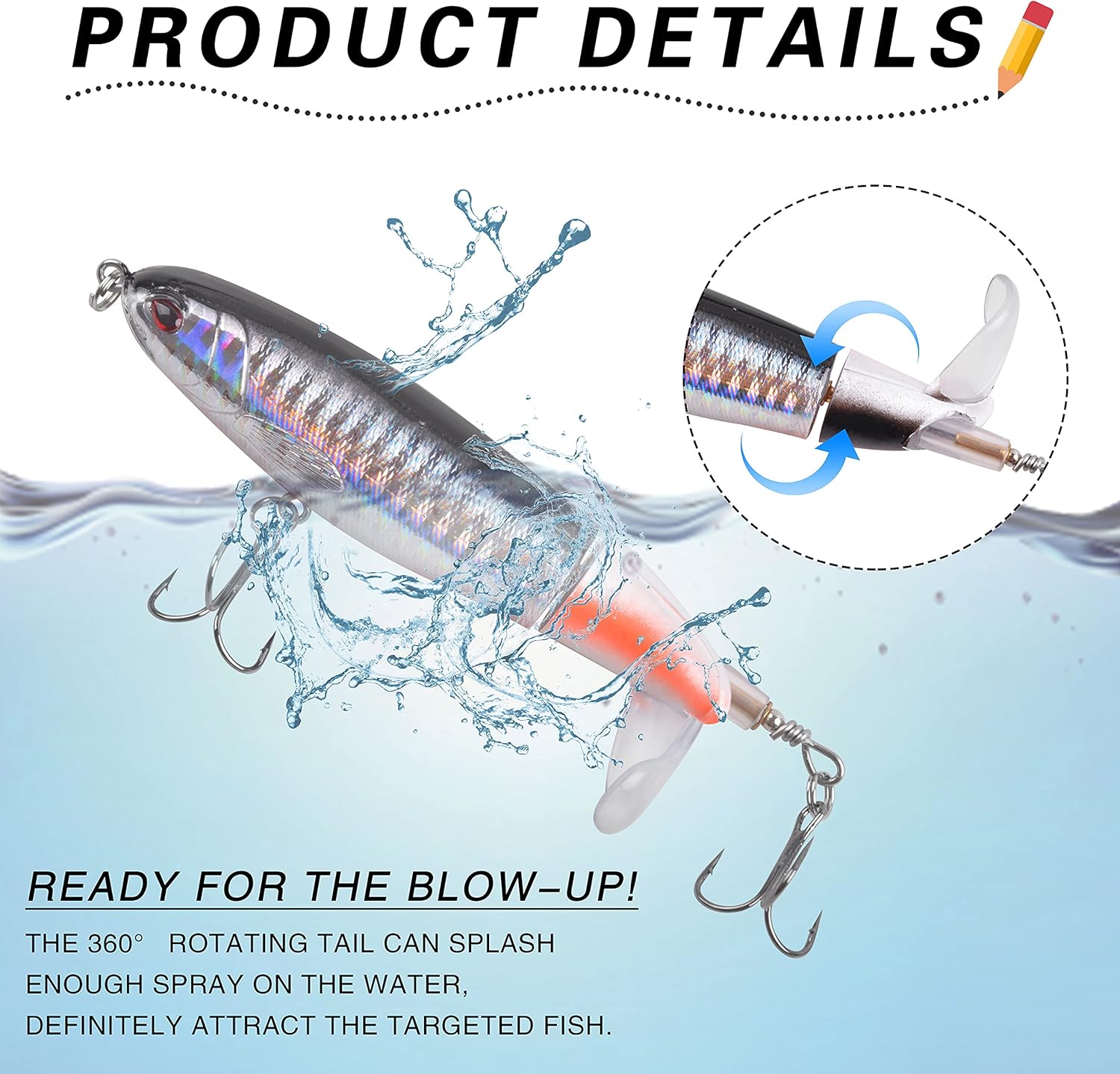 Topwater – Señuelo de pesca de lubina, 5 señuelos de pesca Plopper, minnow con cola giratoria flotante, kit de señuelos para agua dulce y salada,