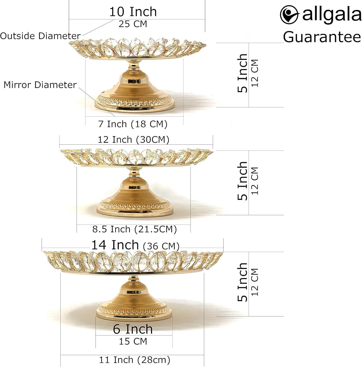 Allgala – Juego de 3 piezas de cristal chapado en oro para tartas con plato de espejo