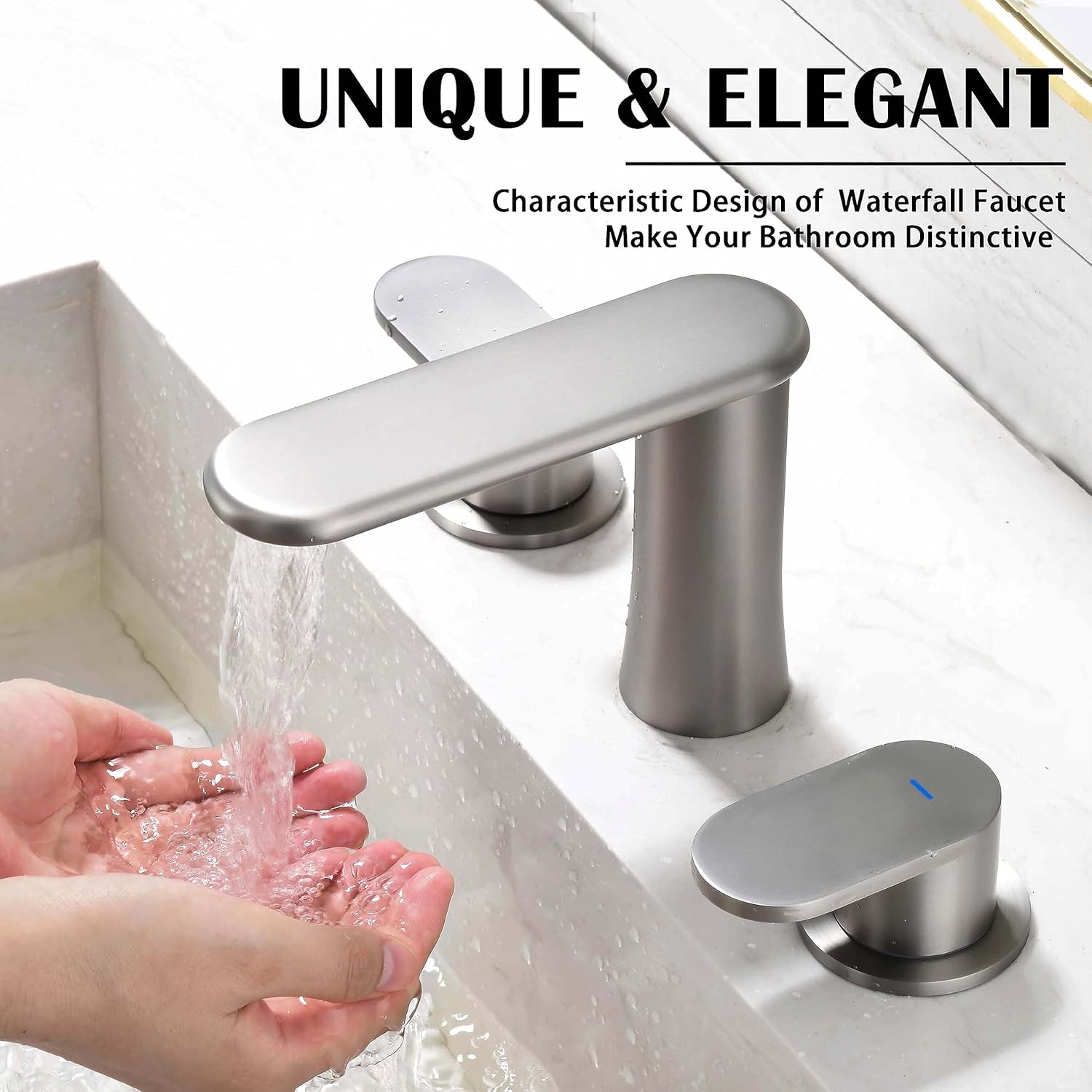 Grifo de baño de 3 agujeros de 8 pulgadas, amplia extensión, níquel cepillado, diseño de boquilla de cascada, núcleo de válvula de cerámica,
