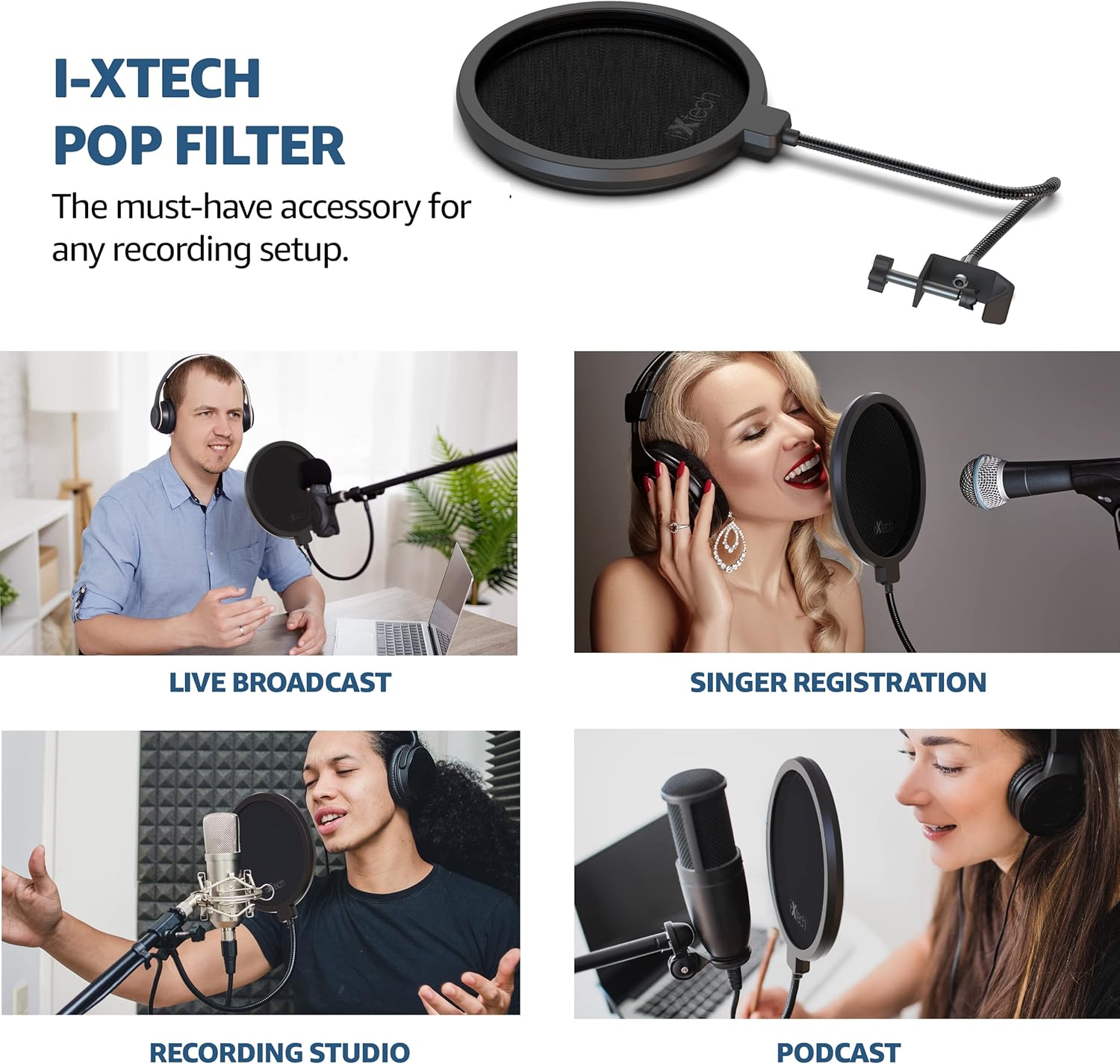 Ixtech Filtro pop para micrófono, filtro pop Blue Yeti, pantalla de doble capa con un clip flexible de cuello de cisne de 360 grados con