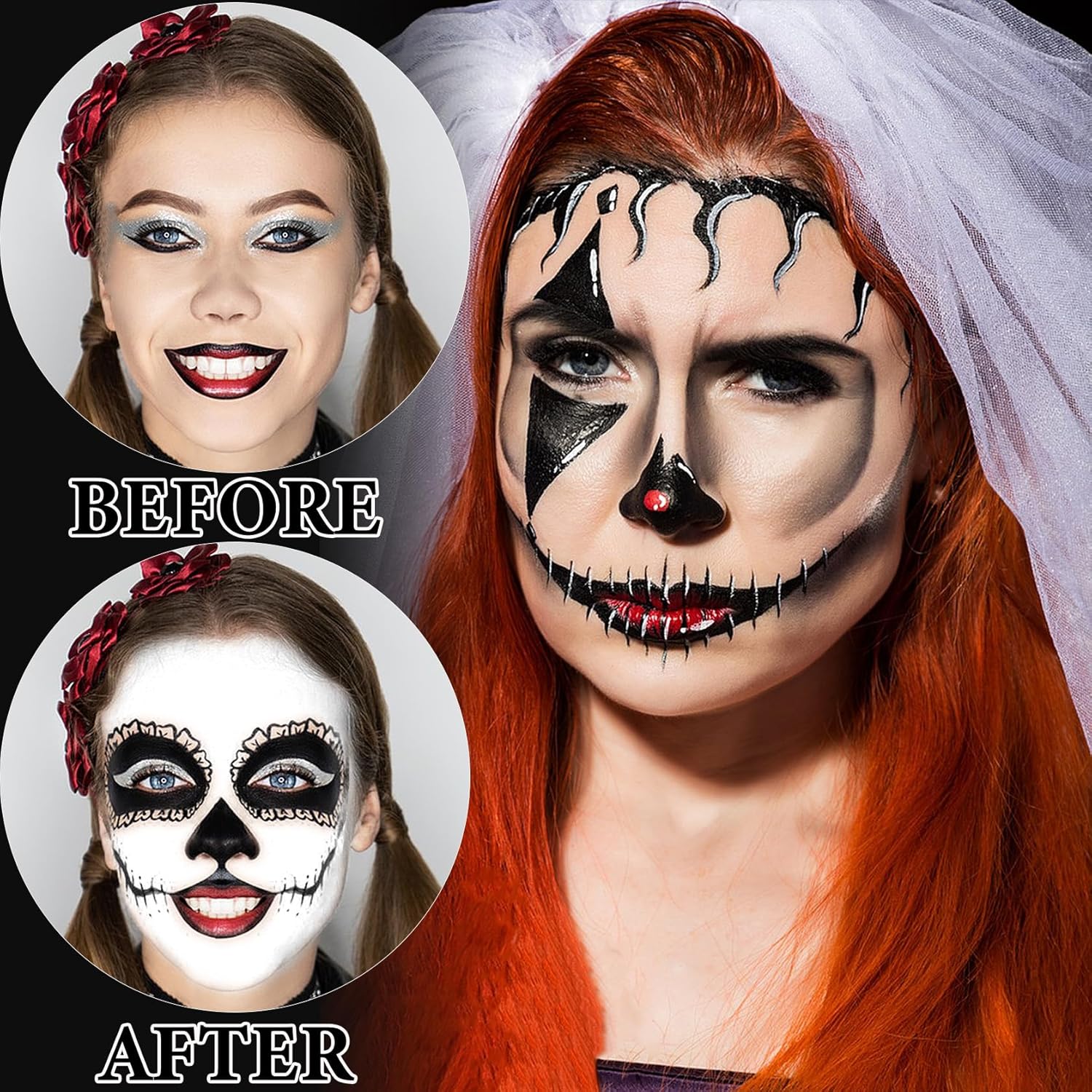 2 piezas de pintura facial blanca y negra con esponja, kit de maquillaje de pintura facial de Halloween para adultos, kit de paleta de pintura