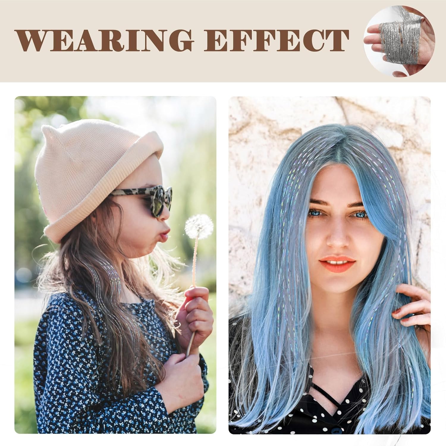 Luckyvestir Extensiones de cabello de oropel con clip, de hadas, resistentes al calor, hebras con purpurina, kit de oropel plateado, 6 piezas