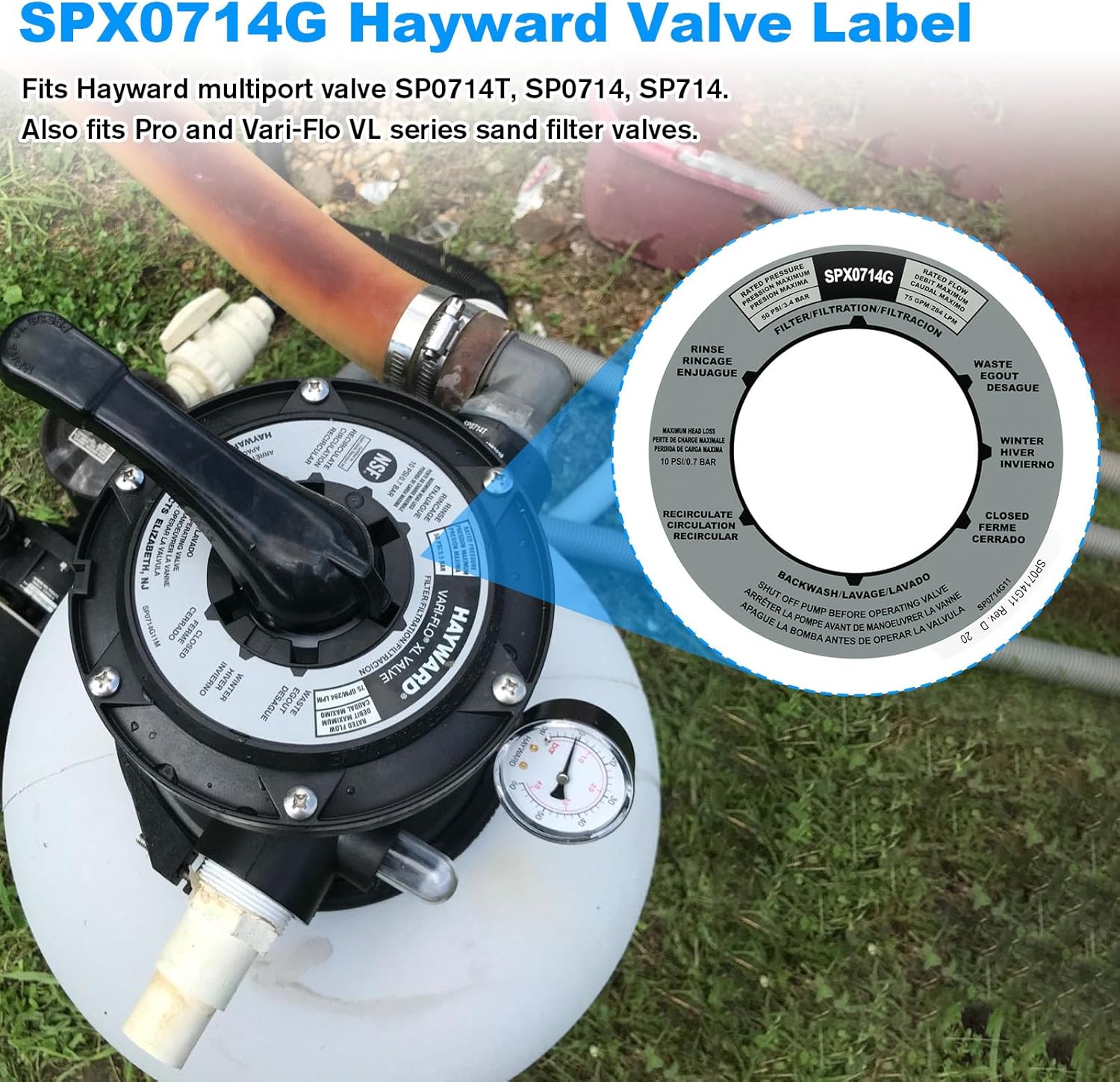 SPX0714G Etiqueta de válvula de filtro de arena para válvula multipuerto Hayward SP0714T SP0714 SP714, se adapta a válvulas de filtro de arena serie