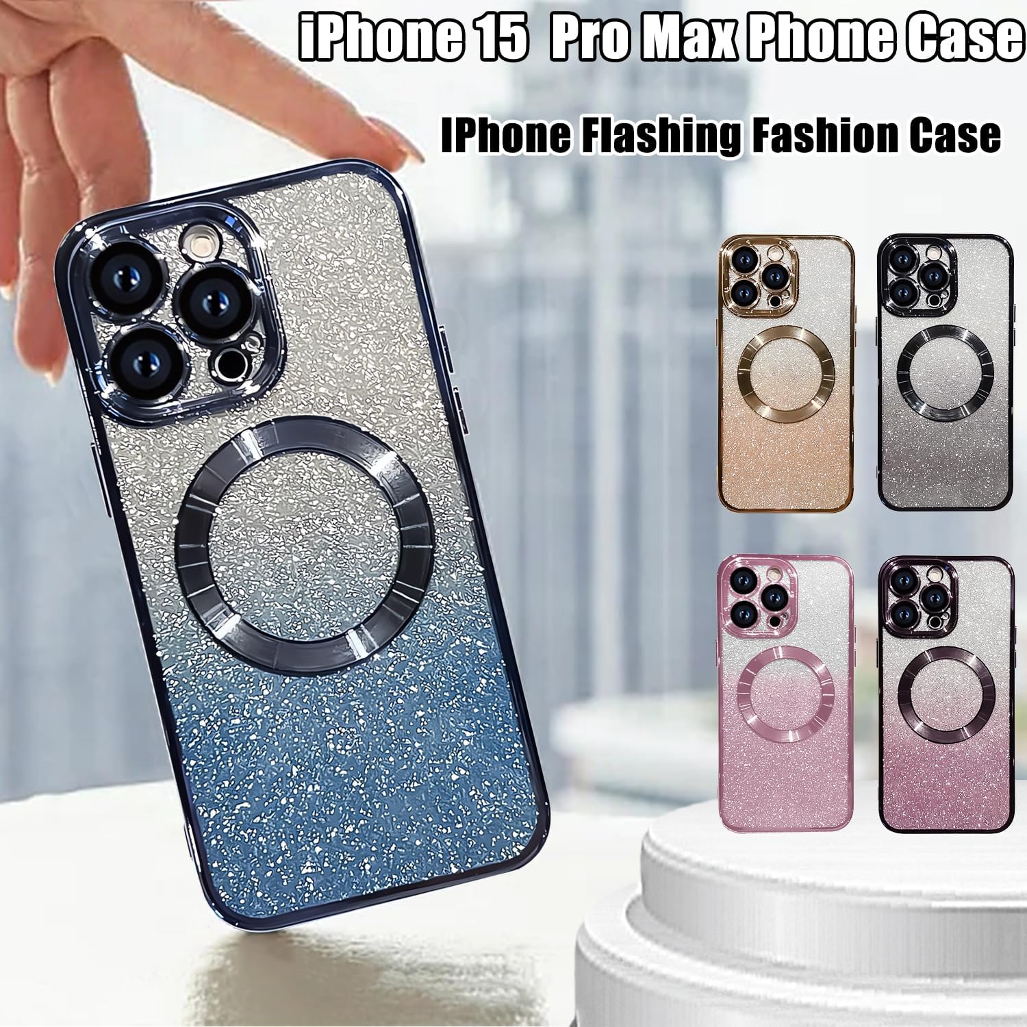 Funda magnética con purpurina para iPhone 15 Pro Max, compatible con MagSafe, protección completa de la lente de la cámara, chapado de lujo, bonita