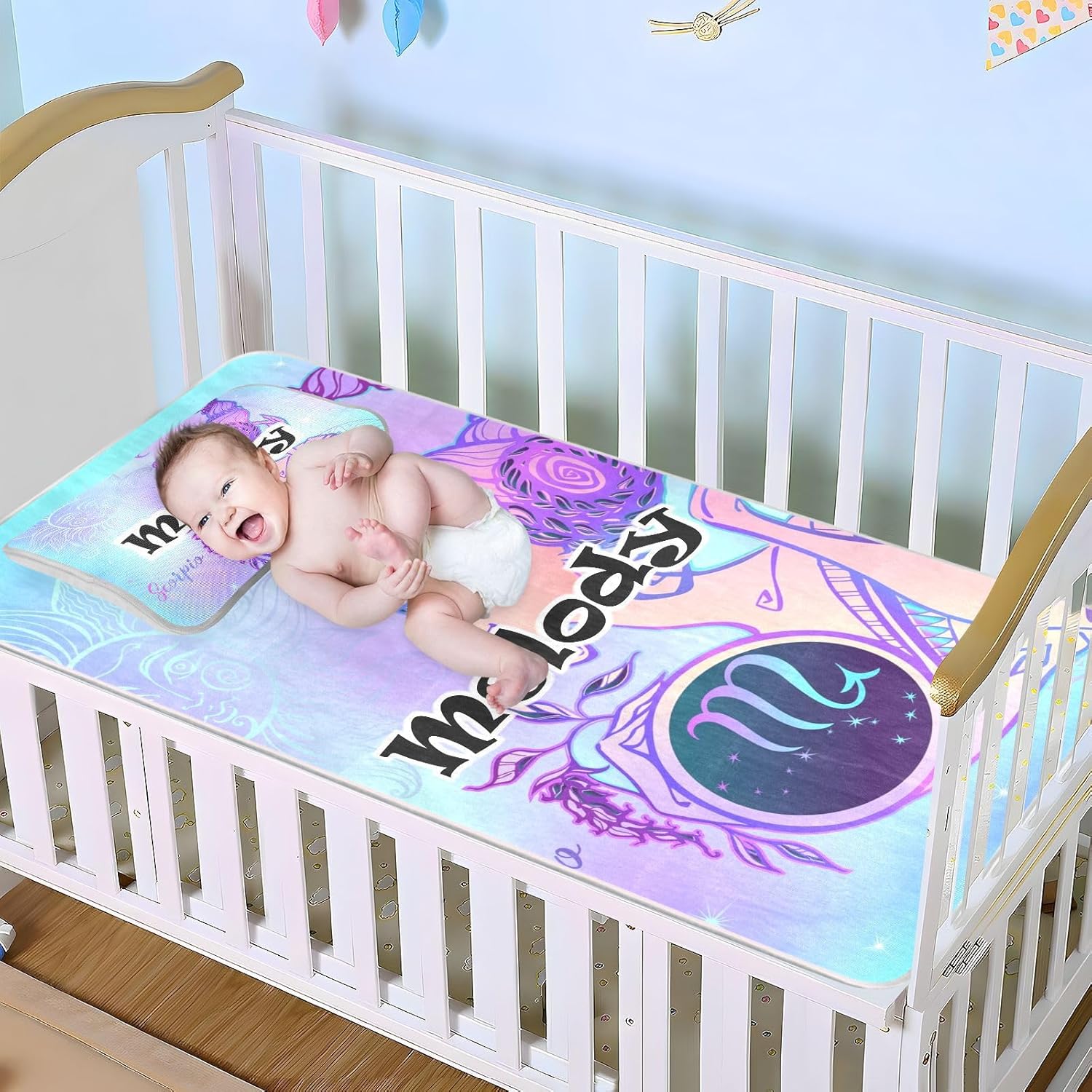 Protector de colchón personalizado para cuna del zodiaco escorpio para niños y niñas, tapete de seda de hielo, tapete de enfriamiento de seda