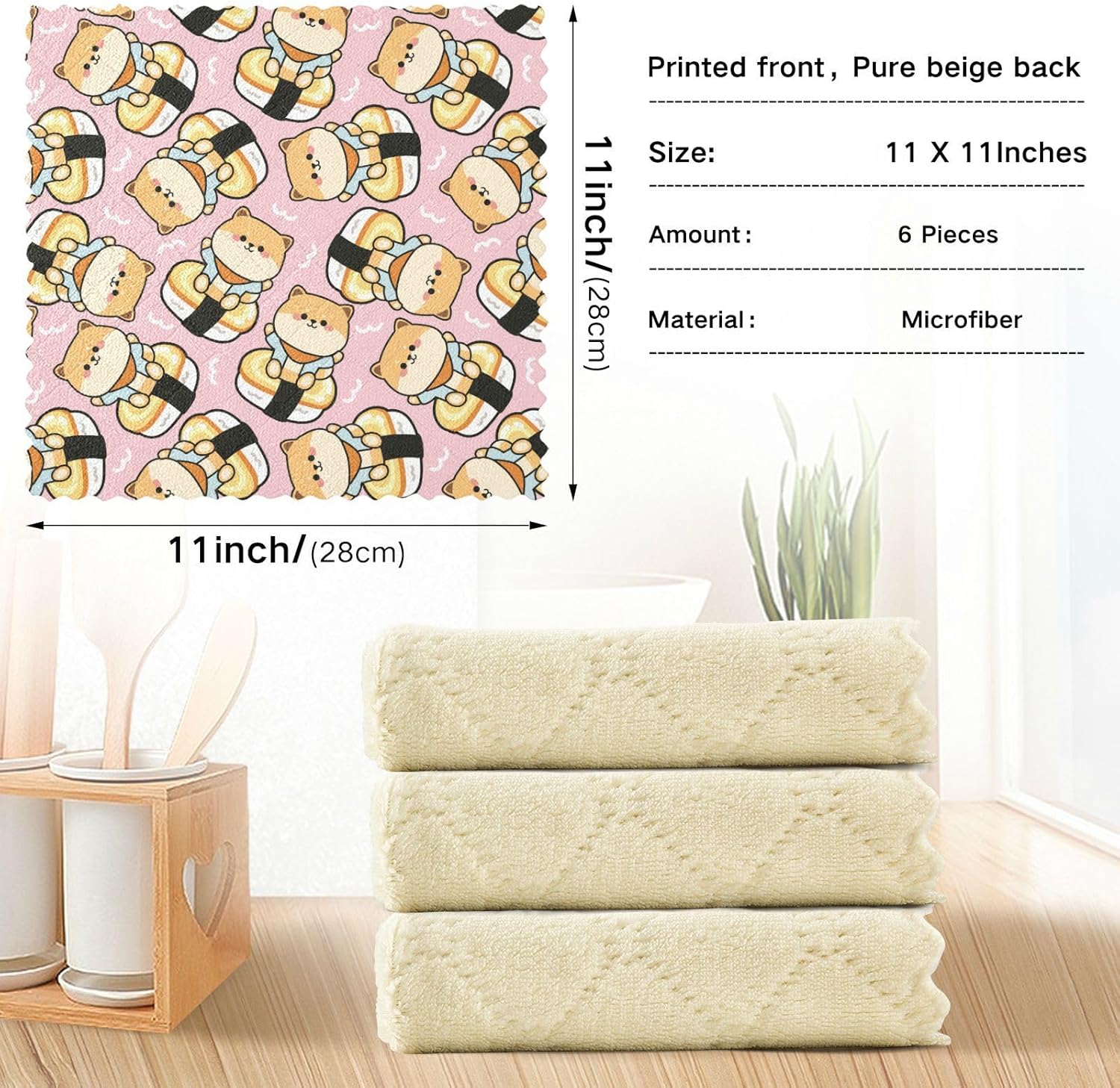 linqin Shiba Inu – Toallas de cocina de algodón con estampado de sushi de microfibra, absorbentes, paquete de 6 toallas de cocina reutilizables para
