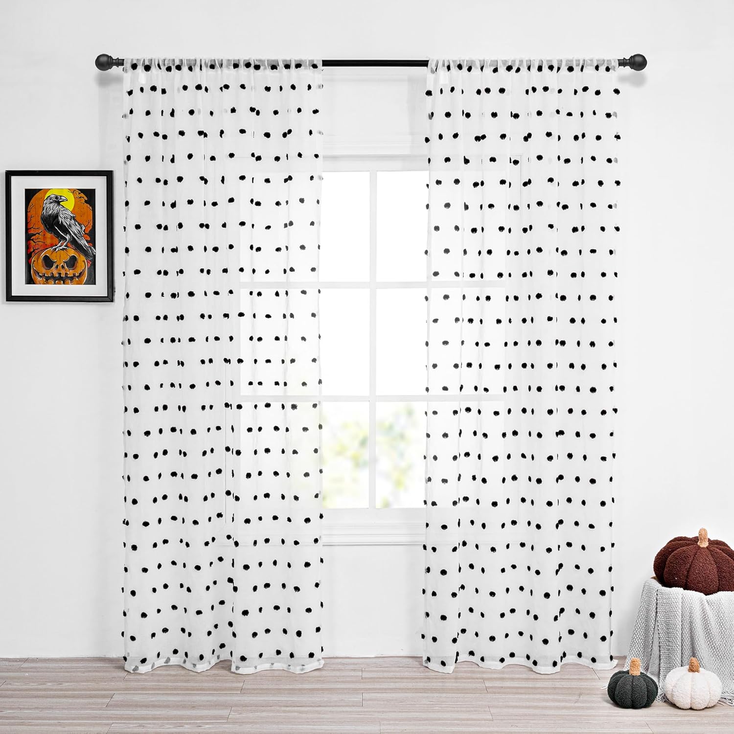 MYSKY HOME Cortinas para sala de estar de 84 pulgadas de largo, cortinas negras con pompones para dormitorio, cortinas transparentes para ventanas