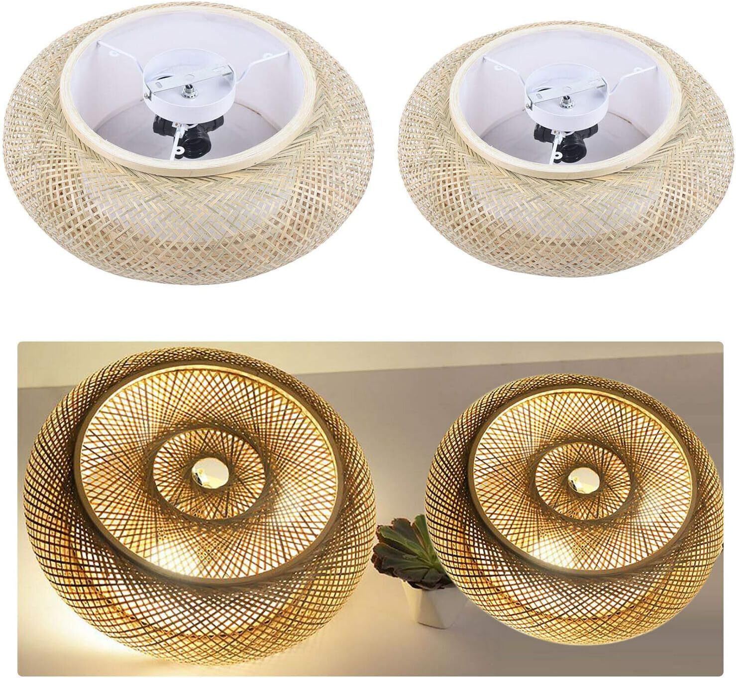 Fetcoi Lámpara de techo rústica de ratán de bambú tejida a mano, color amarillo, lámpara de techo de ratán de bambú para sala de estar, comedor,
