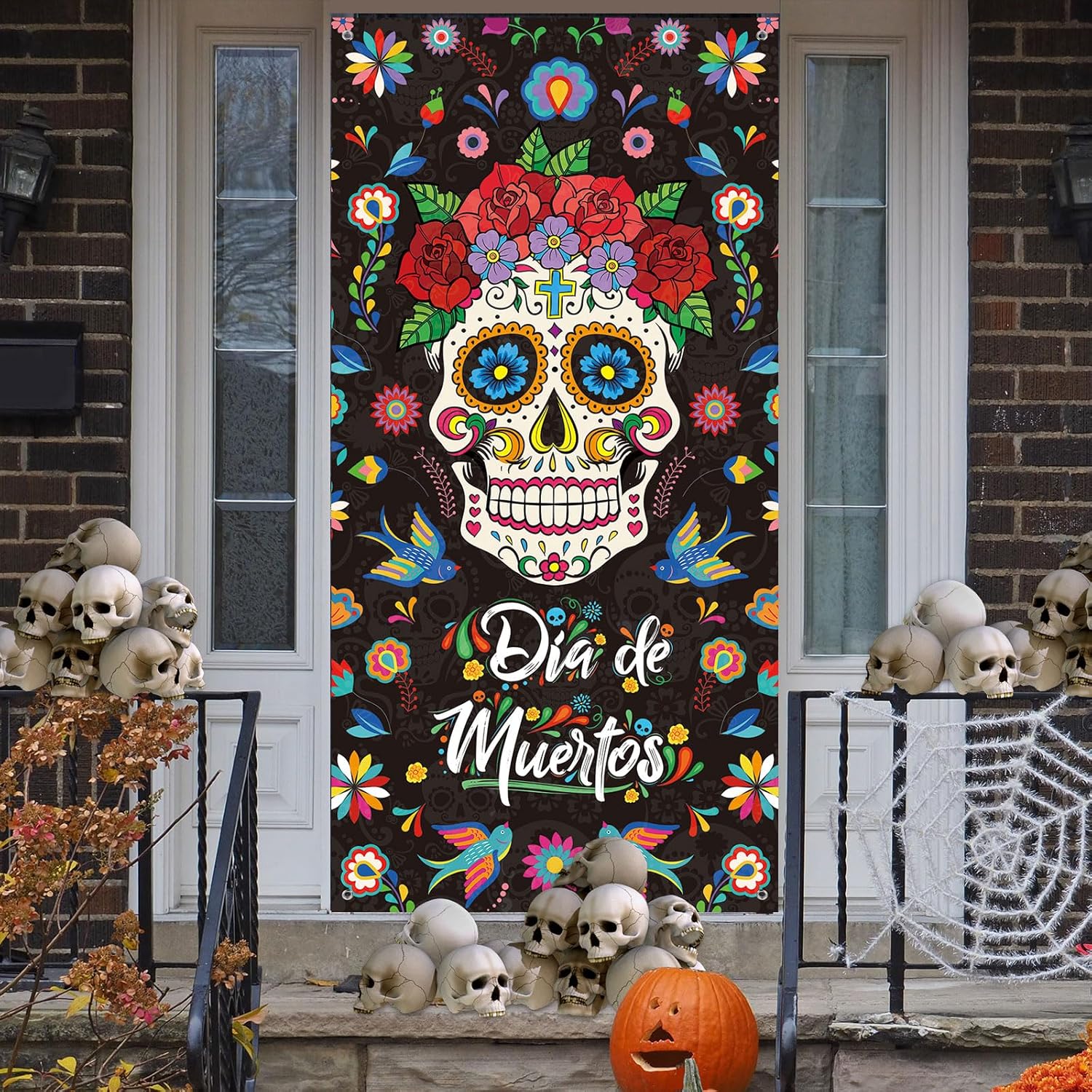 Tiamon 3 carteles de Día de los Muertos con luces LED, decoración de puerta de fiesta mexicana Día de los Muertos, pancarta de puerta de calavera de