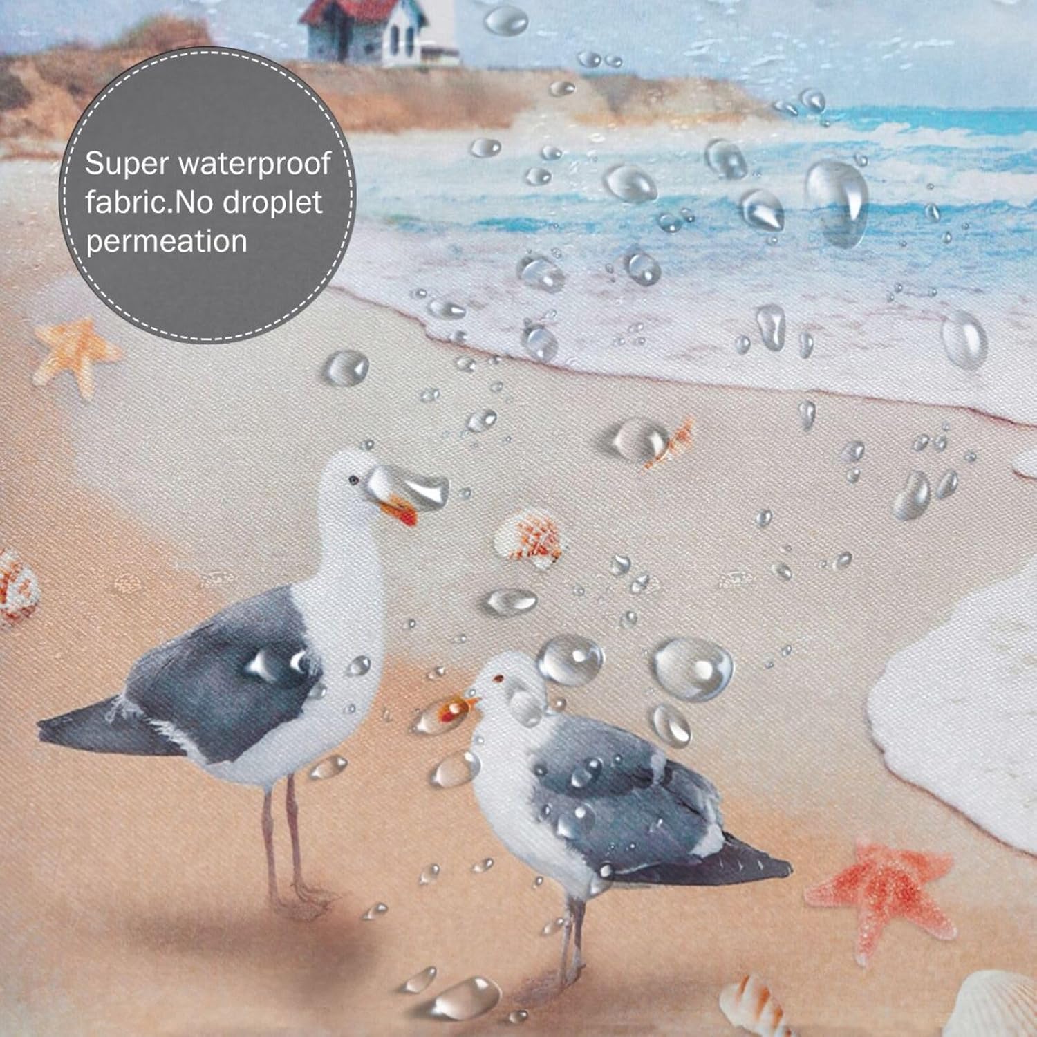 Golakra Cortina de ducha de playa costera, faro, náutico, gaviota, océano, cortina de ducha impermeable, tela de poliéster, decoración de baño con