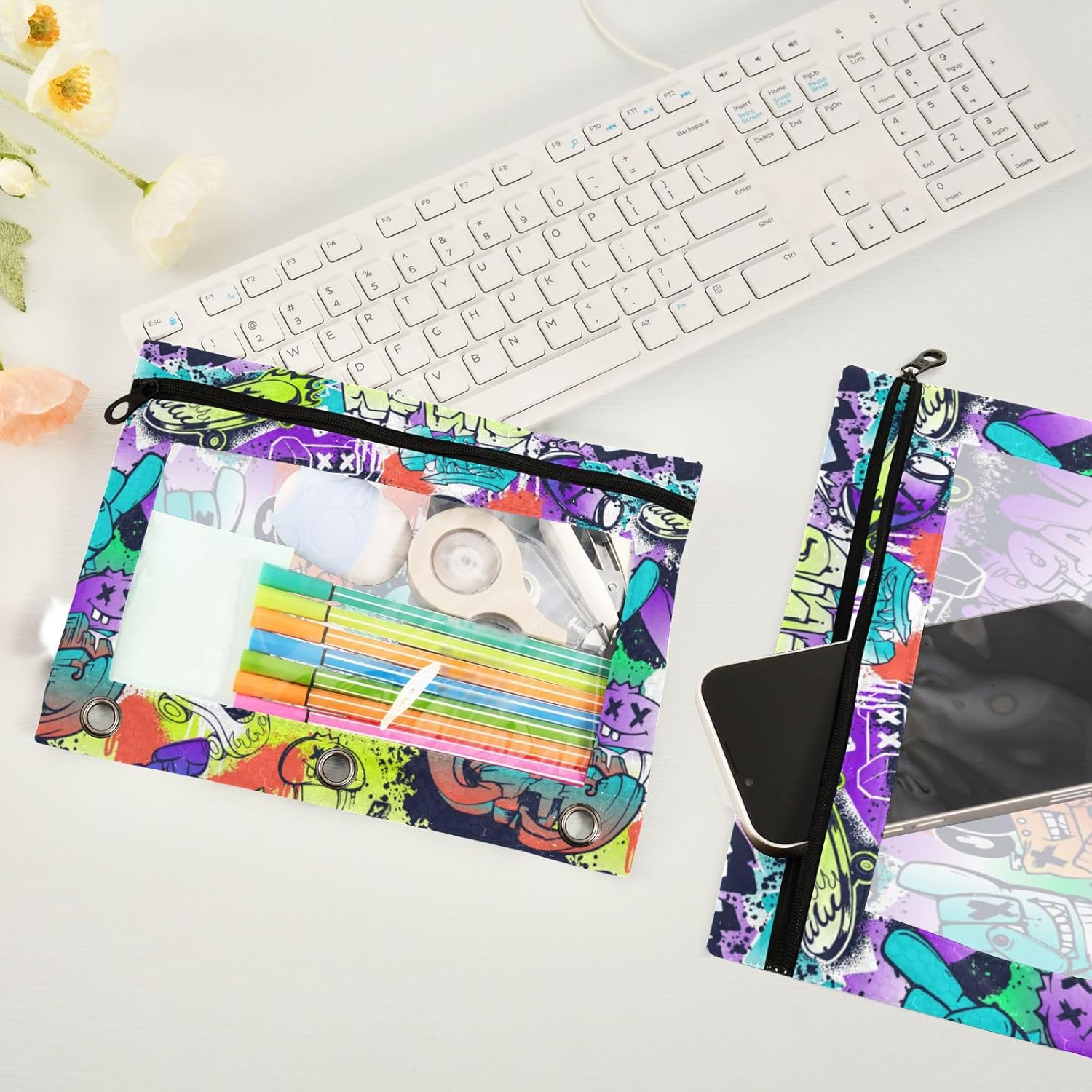 Estuche para lápices de 3 anillos con diseño de dibujos animados de graffiti abstracto, estuche de plástico transparente impermeable con cremallera,