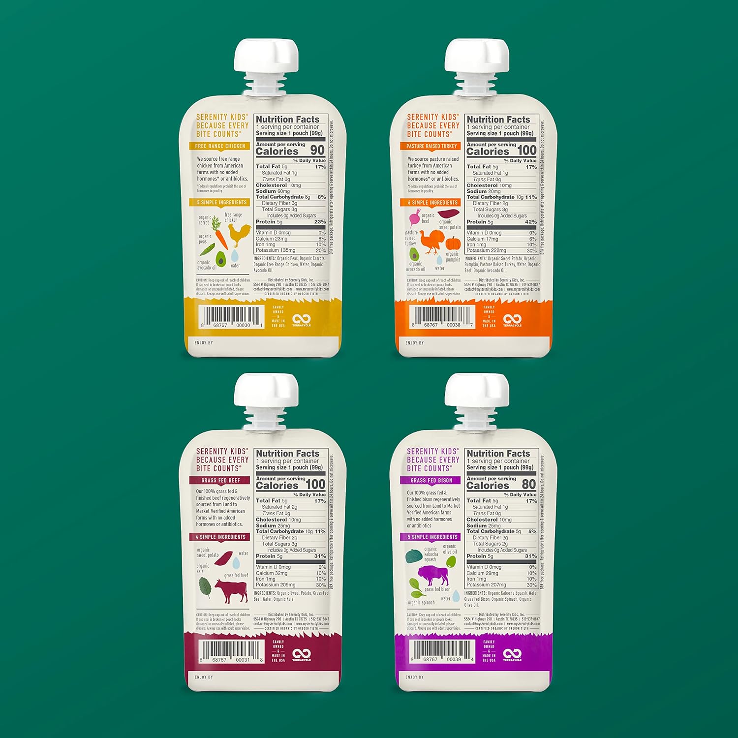 Serenity Kids Paquete de 6 meses de muestras de proteínas para alimentos para bebés  Carne de res, bisonte, pollo, pavo, salmón (20 unidades)