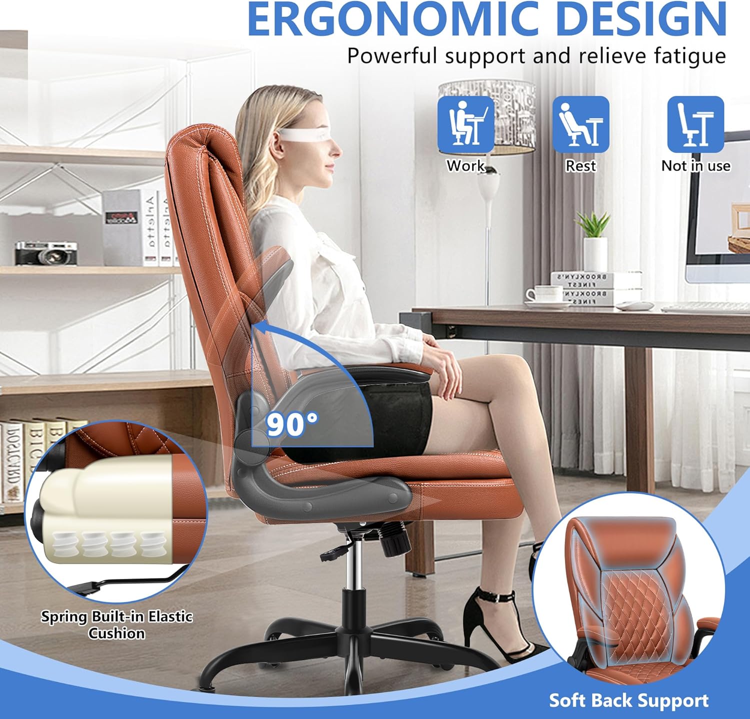 BestEra Silla de oficina ejecutiva, silla de oficina ergonómica de cuero grande y alta, sillas de escritorio de oficina en casa con brazos