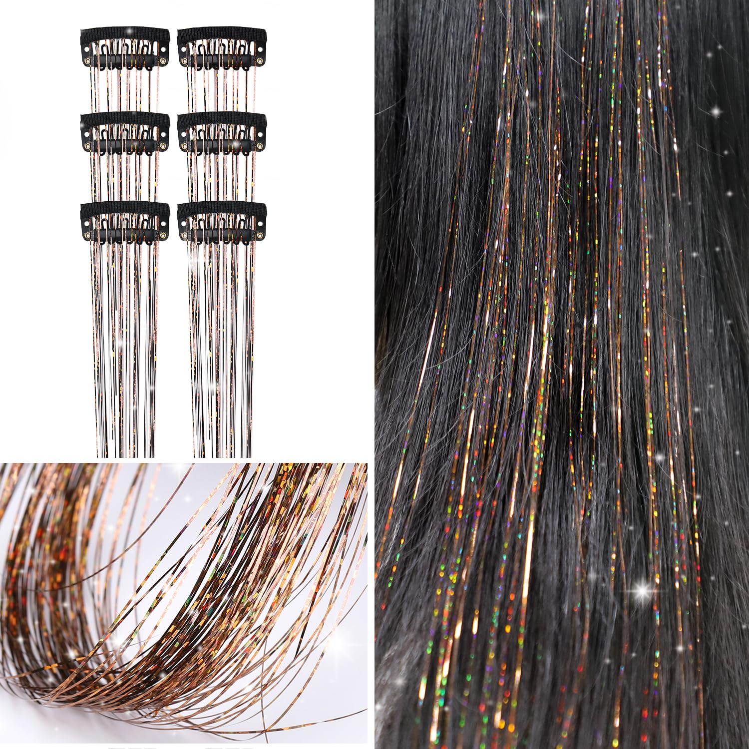 COSHONWOL – 6 clips de oropel para el cabello, kit de oropel con clip de 19.6 pulgadas, kit de oropel con purpurina, accesorios para fiestas de