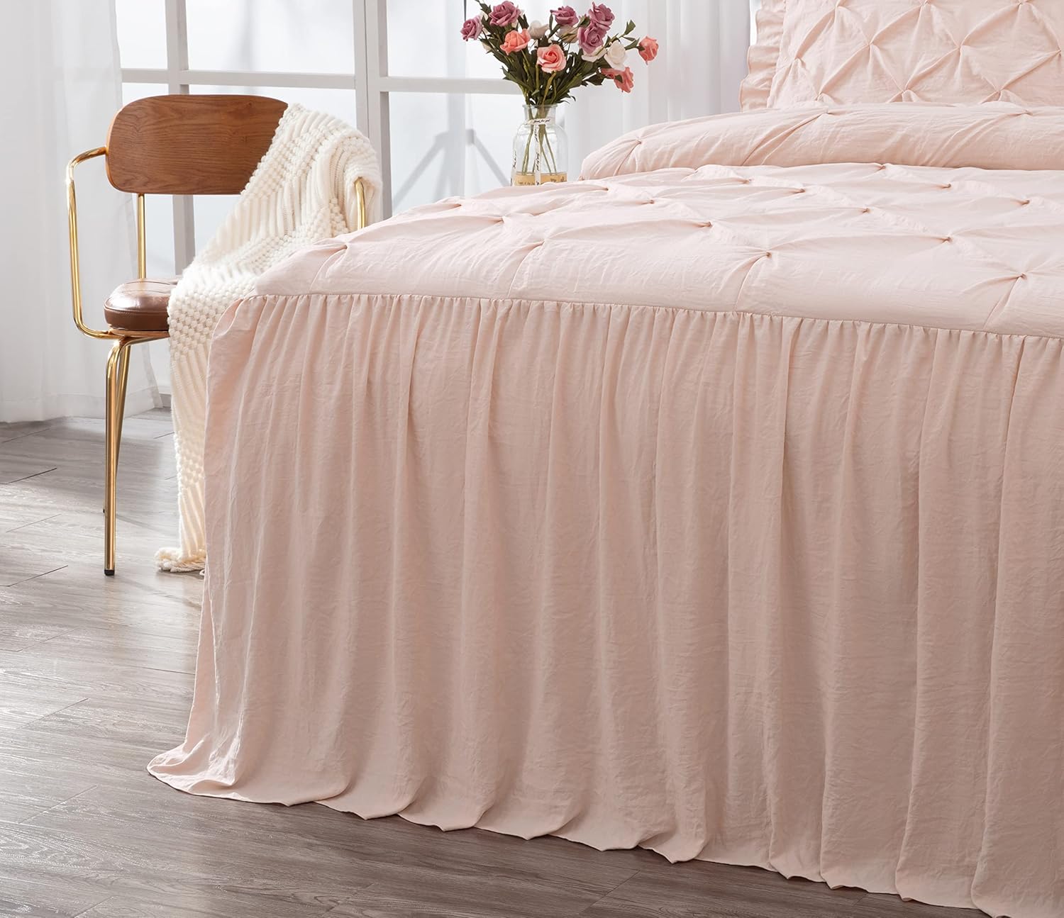 Chezmoi Collection Aria – Juego de colcha plisada de 3 piezas con falda con volantes  French Country Chic Farmhouse  California King, color rubor