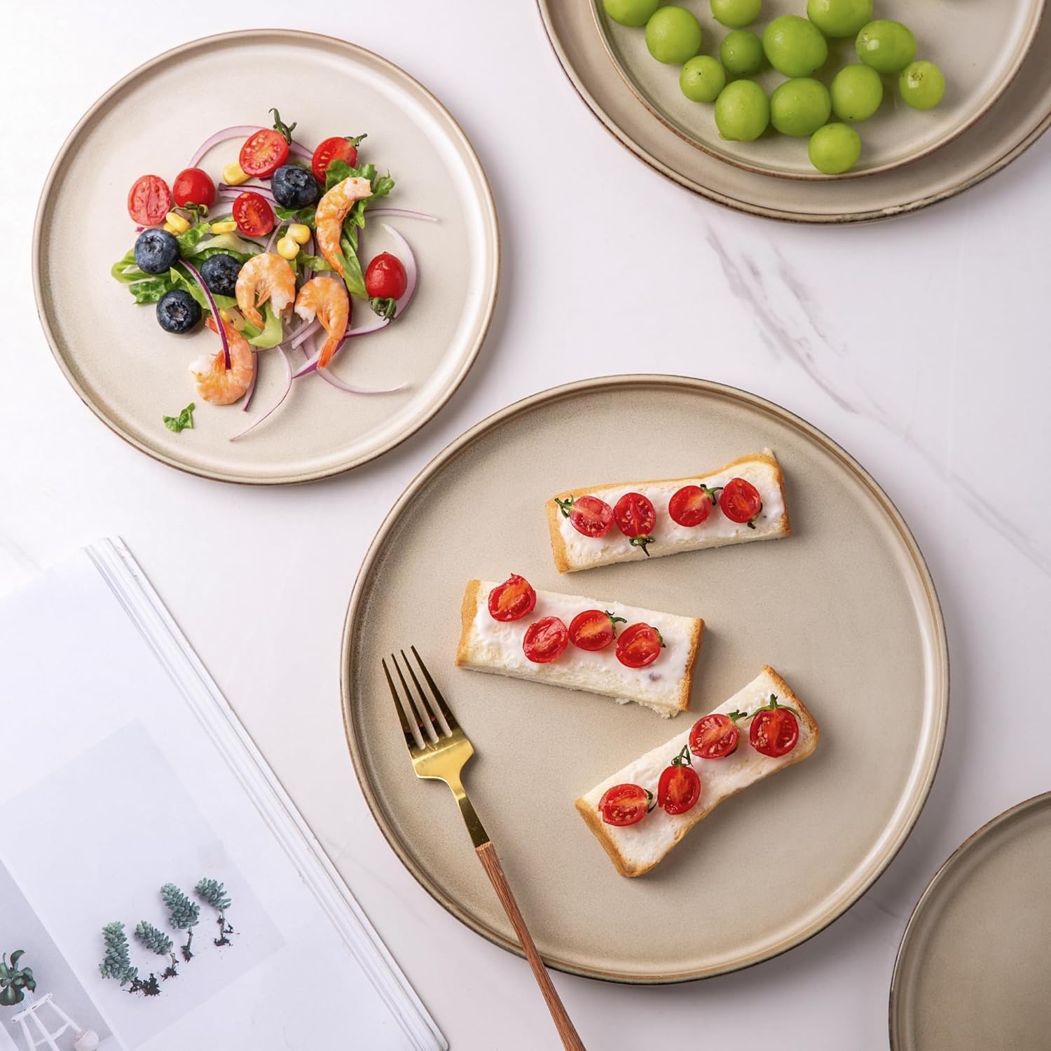 AmorArc Juego de 6 platos de cerámica de 8.5 pulgadas, juego de platos de cerámica esmaltada reactiva, postre, ensalada, aperitivo, platos pequeños,