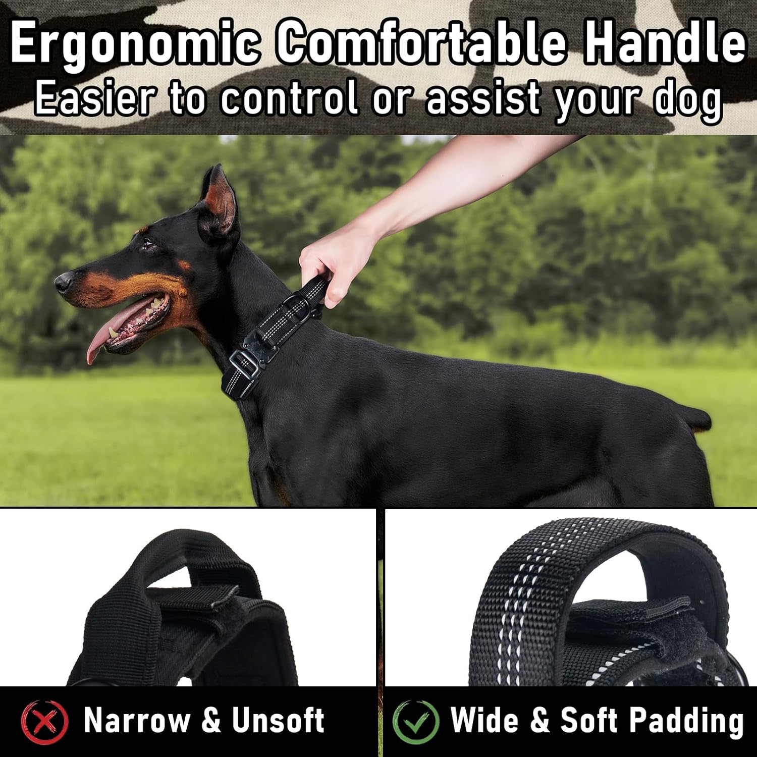 Collar táctico para perro, collar ajustable de entrenamiento militar con mango suave, correas de nailon reflectantes, hebilla de metal resistente
