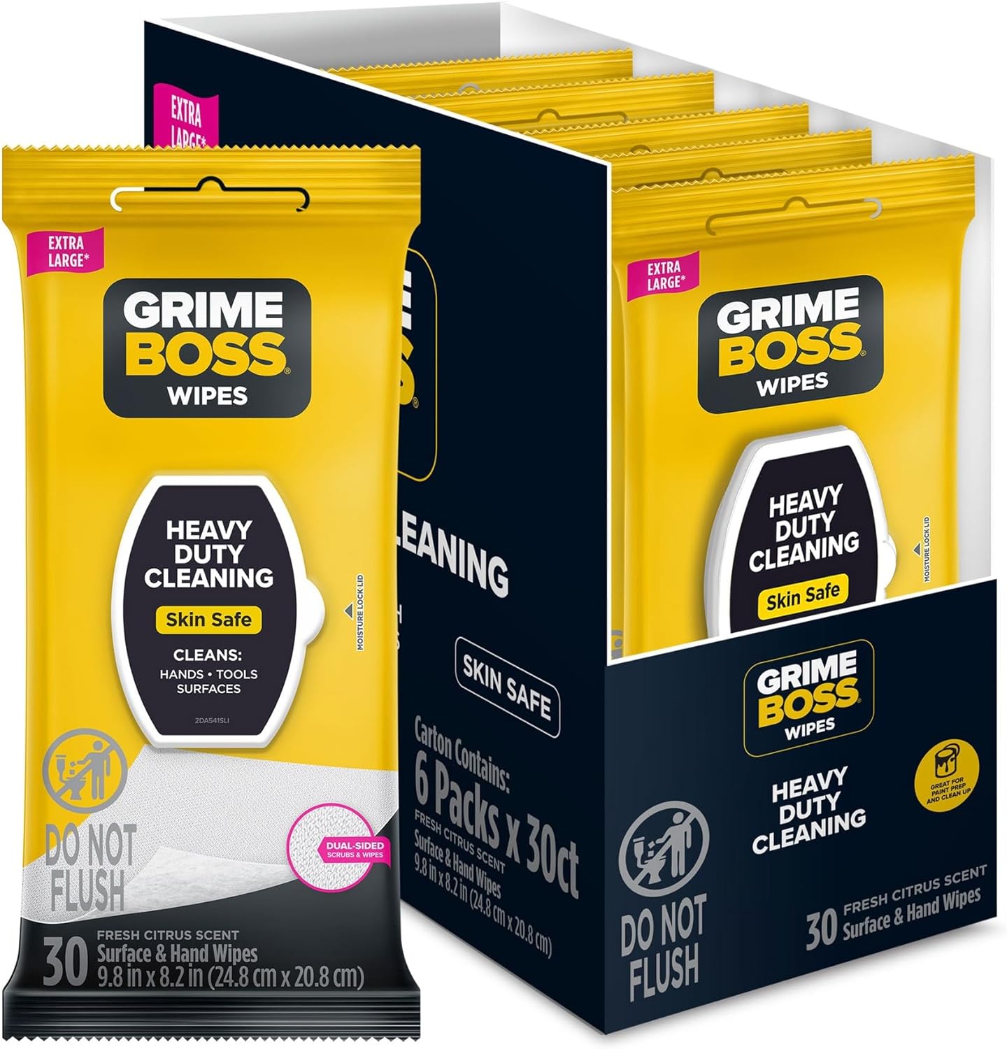 Grime Boss Toallitas resistentes (6 x 30 unidades)  Toallitas húmedas utilizadas para manos, equipos, herramientas, jardín, automoción, elimina