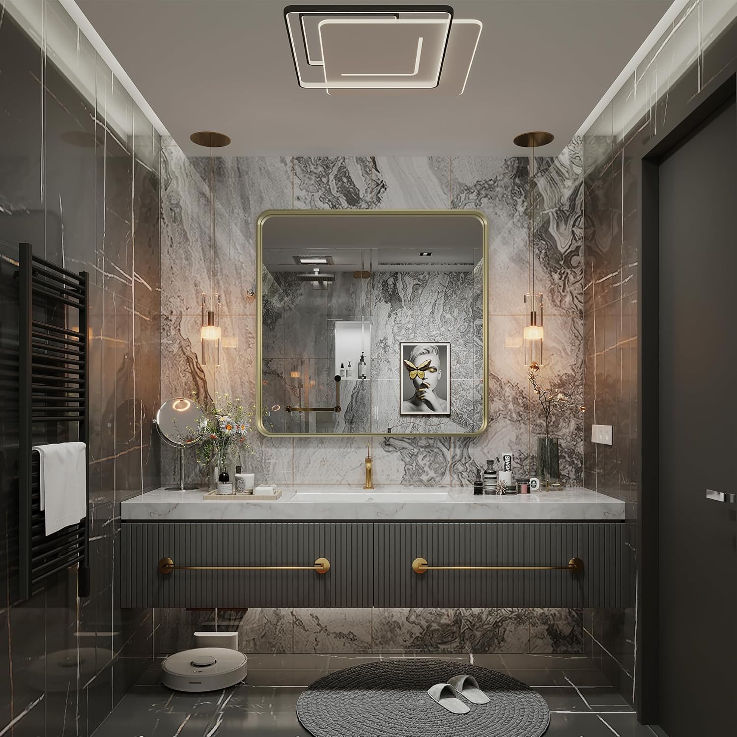 Wanzvisk Espejos con marco dorado para baño, espejo rectangular de 36 x 36 pulgadas para pared, espejo de tocador dorado mate con vidrio templado,