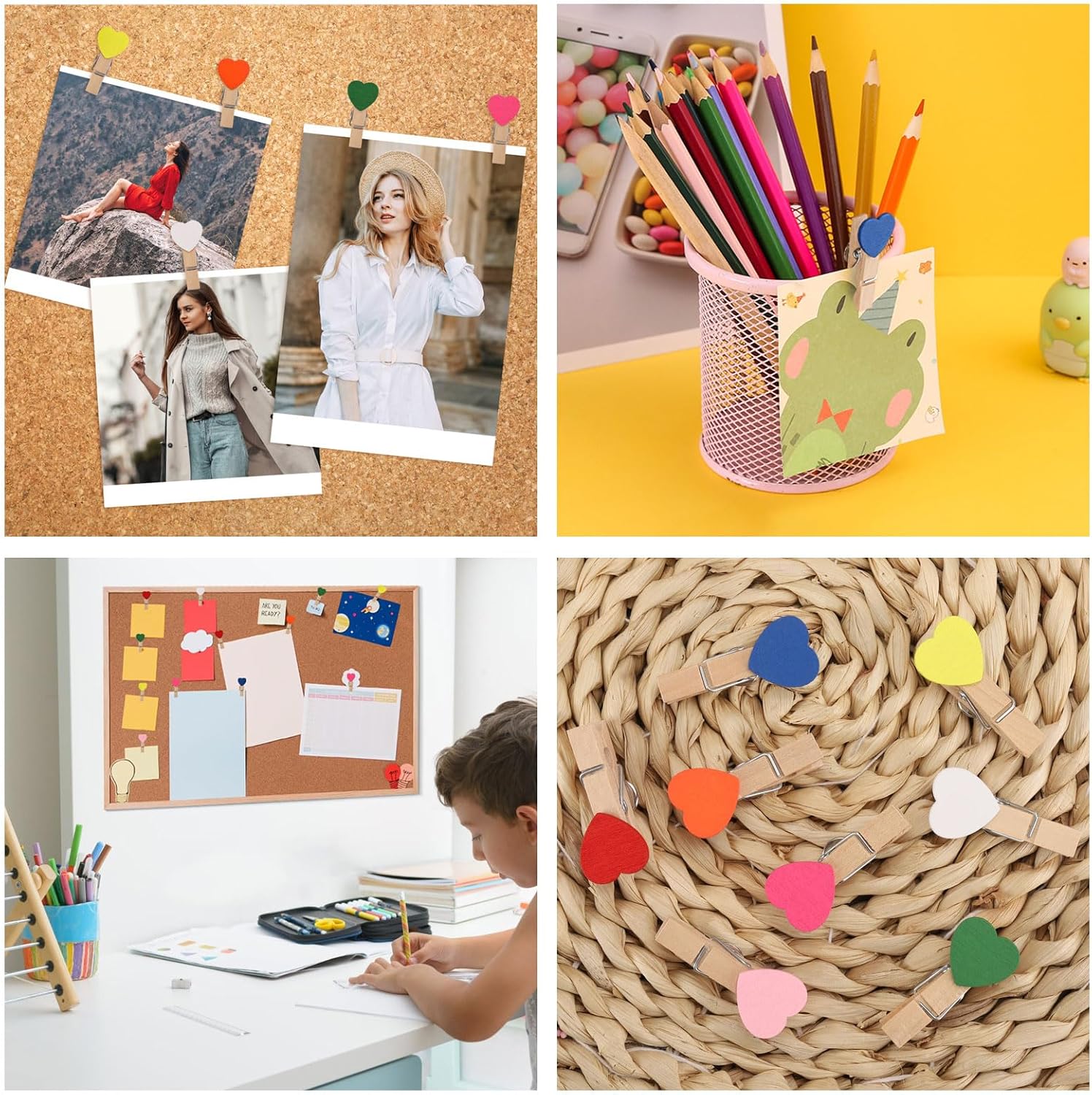100 pines coloridos de corazón con clips de madera, alfileres decorativos, tachuelas para tablero de corcho, tablón de anuncios, notas de obras de