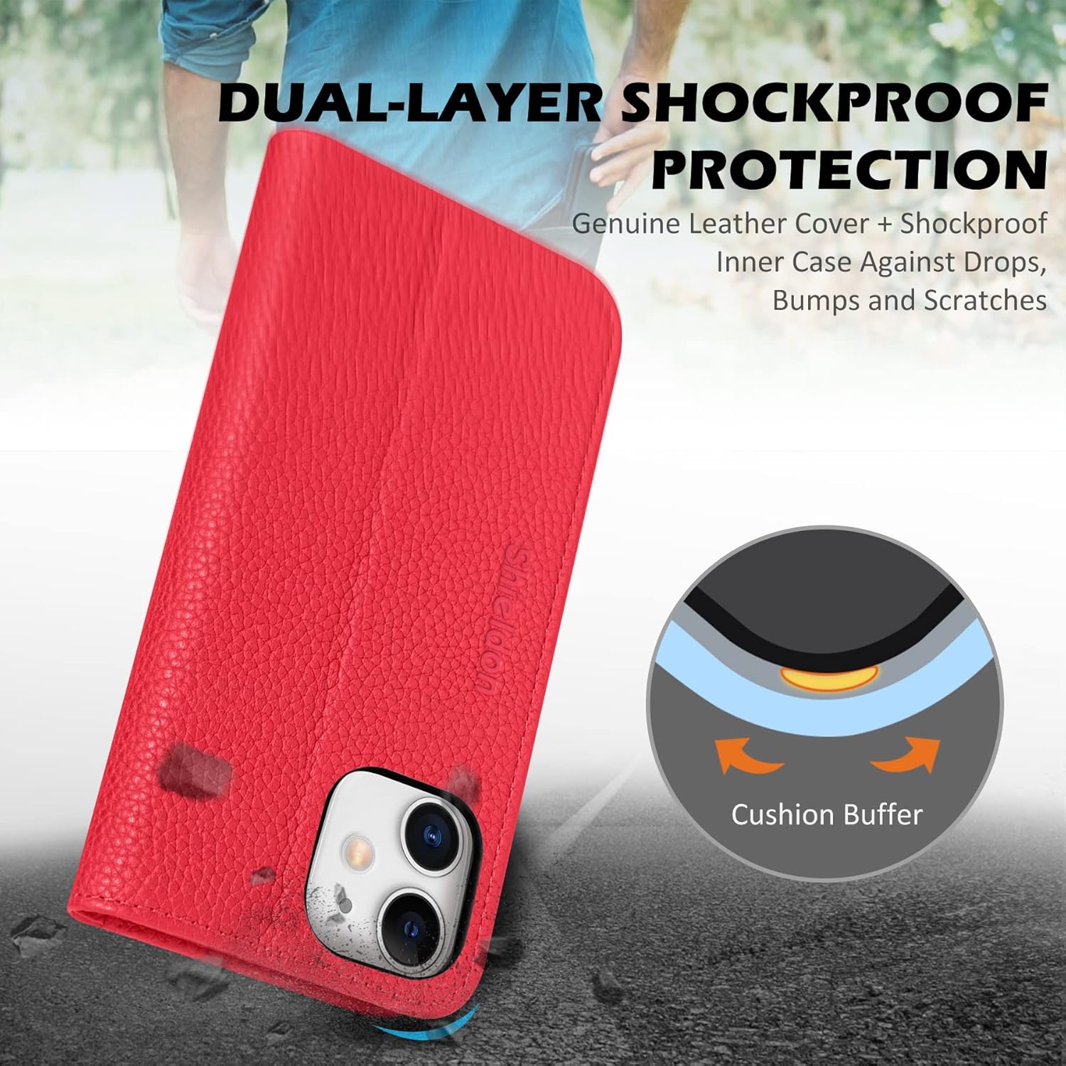 SHIELDON Funda tipo cartera para iPhone 11, de piel auténtica, plegable, con función atril, bloqueo RFID, ranuras para tarjetas de crédito, funda