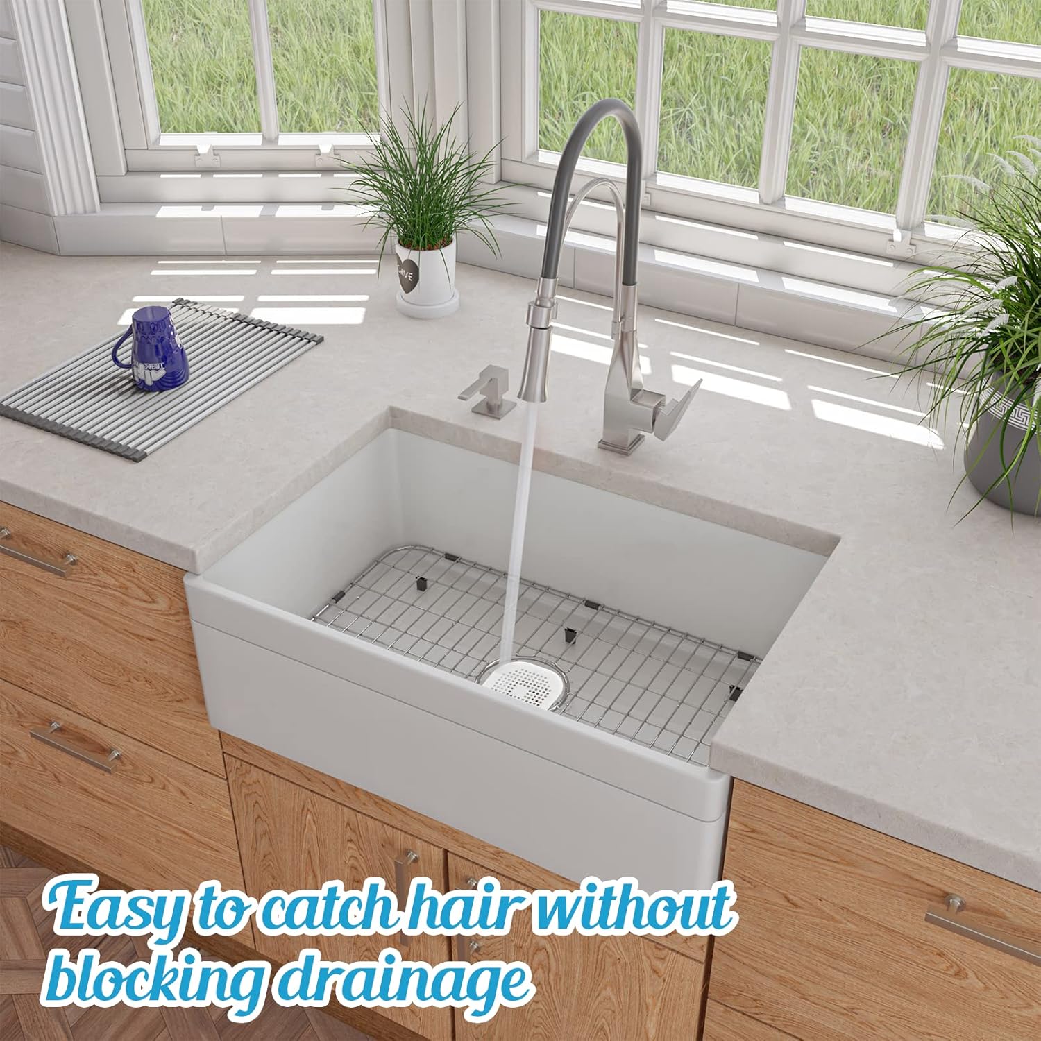 Cubierta de drenaje cuadrada de 5.4 pulgadas, tapón de silicona plana de caucho termoplástico (TPR), para baño, cocina (blanco)