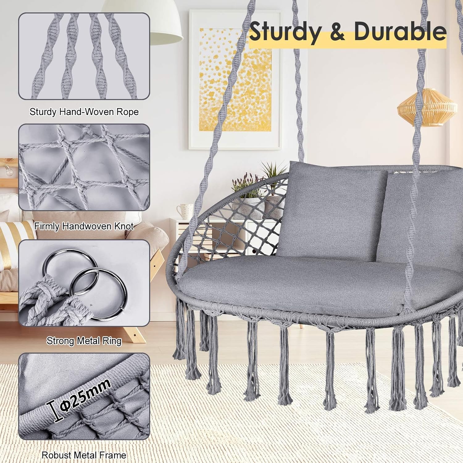 Silla oscilante doble, silla colgante grande de macramé con 3 cojines y accesorios de montaje, silla oscilante tejida a mano para dormitorio, patio,