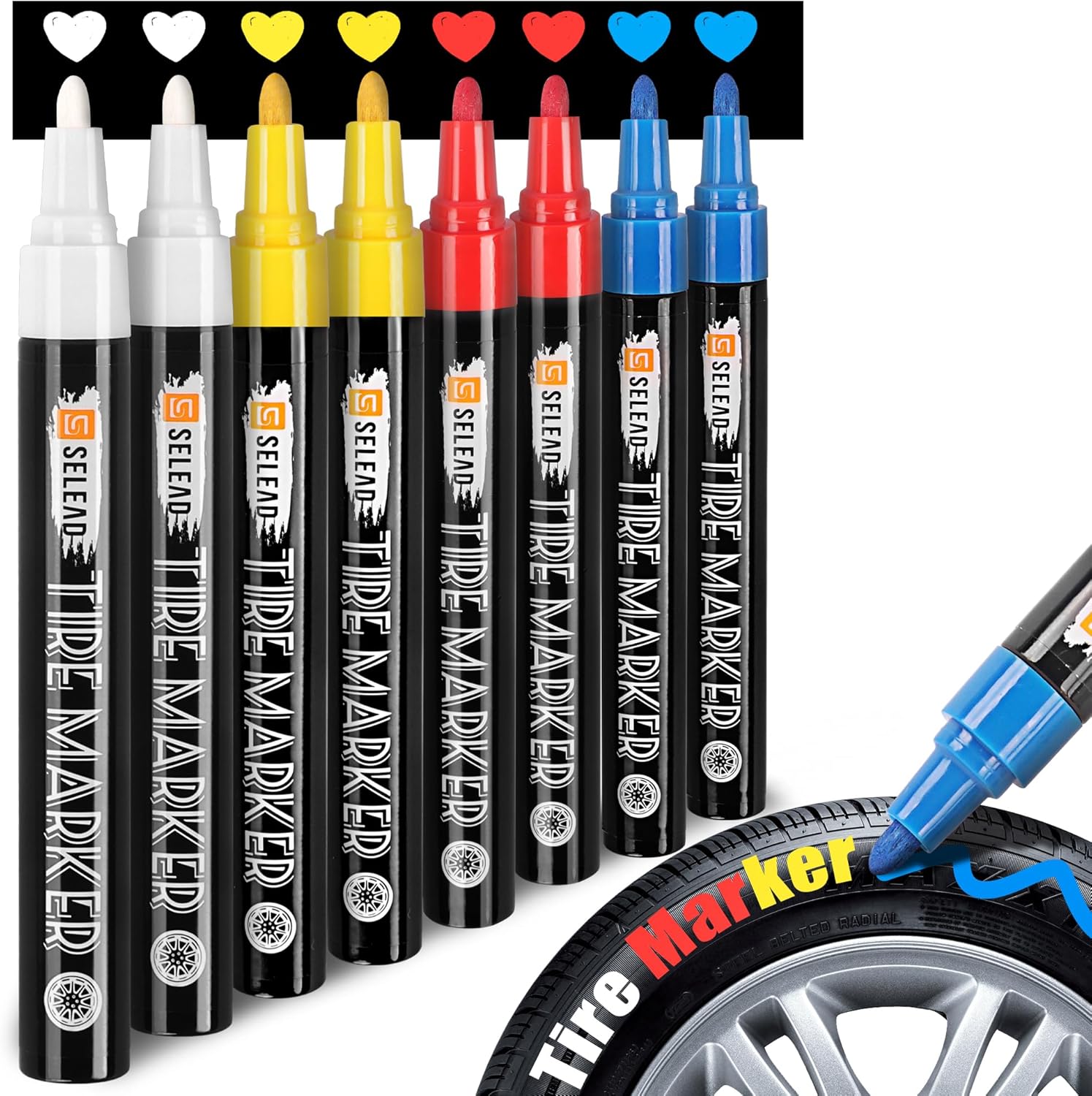 Marcador de neumáticos blanco, rojo, amarillo y azul, paquete de 8 bolígrafos de pintura para neumáticos de automóvil, marcadores permanentes de