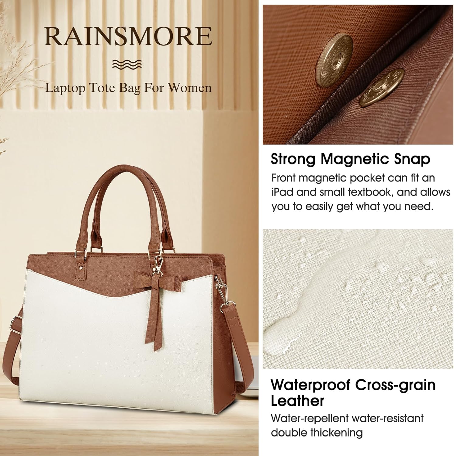RAINSMORE Bolsa para laptop para mujer, 15.6 pulgadas, piel sintética, bolsa de trabajo profesional, para negocios, oficina, trabajo, impermeable,
