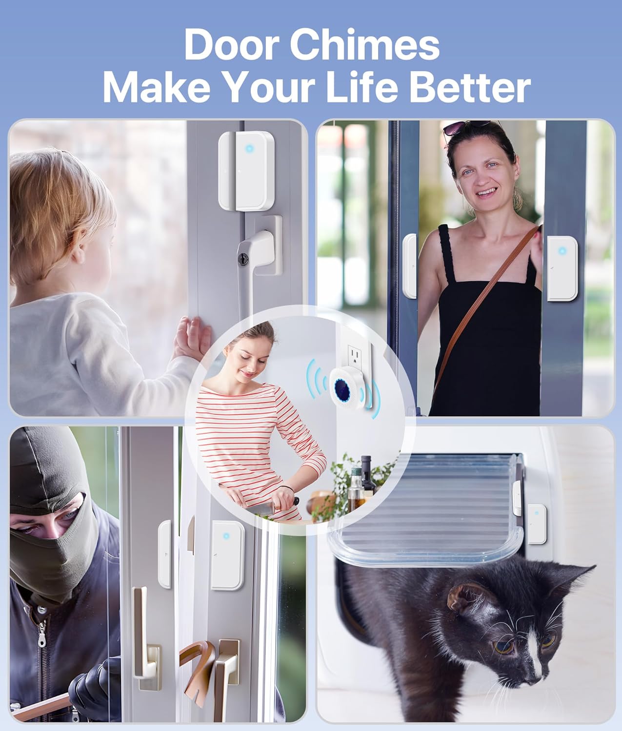 Timbre de puerta, timbre con sensor de puerta con rango de 1100 pies, volumen ajustable y 50 alarmas de timbre para seguridad de los niños, timbre